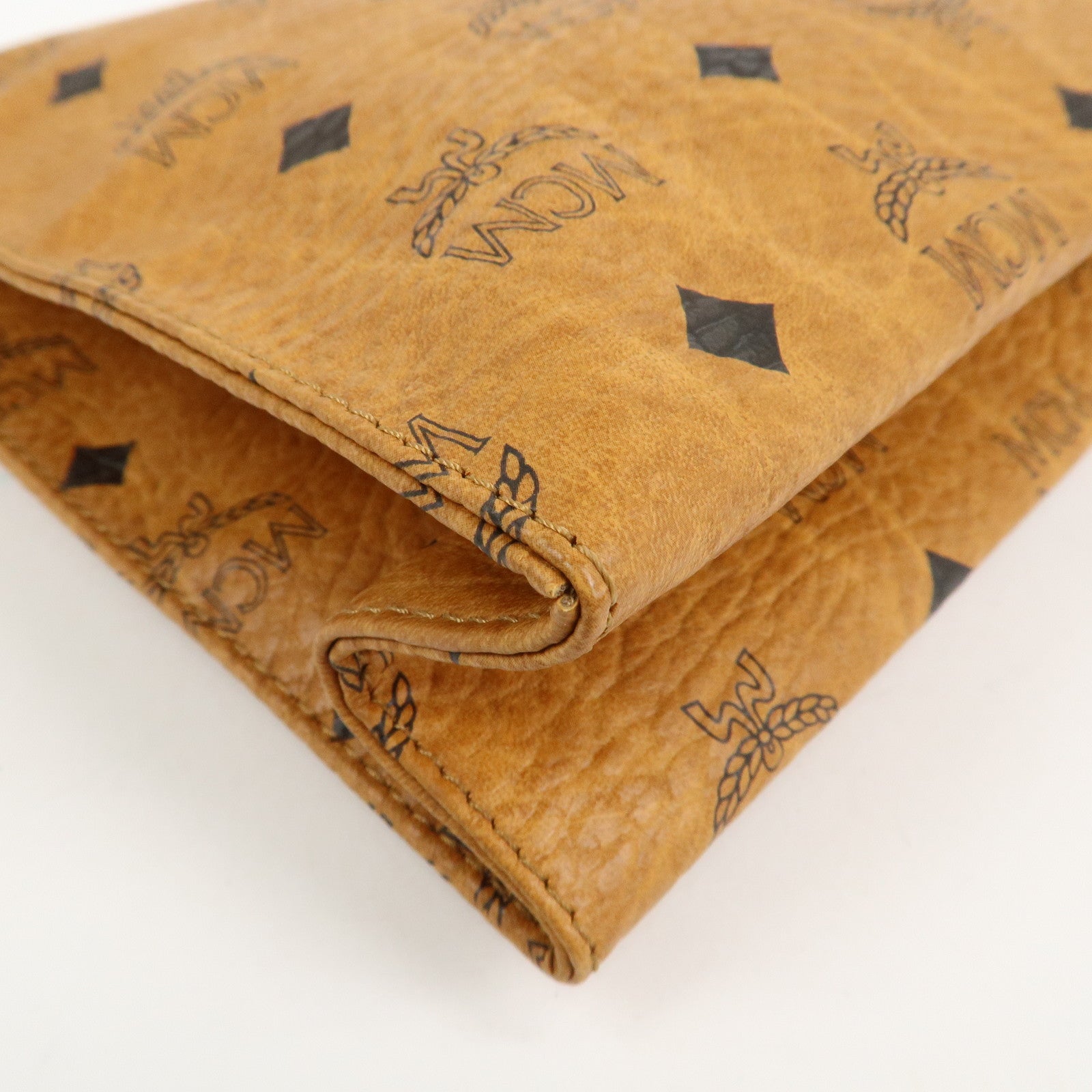 MCM Visetos Leather Clutch Bag Brown Gold Hardware