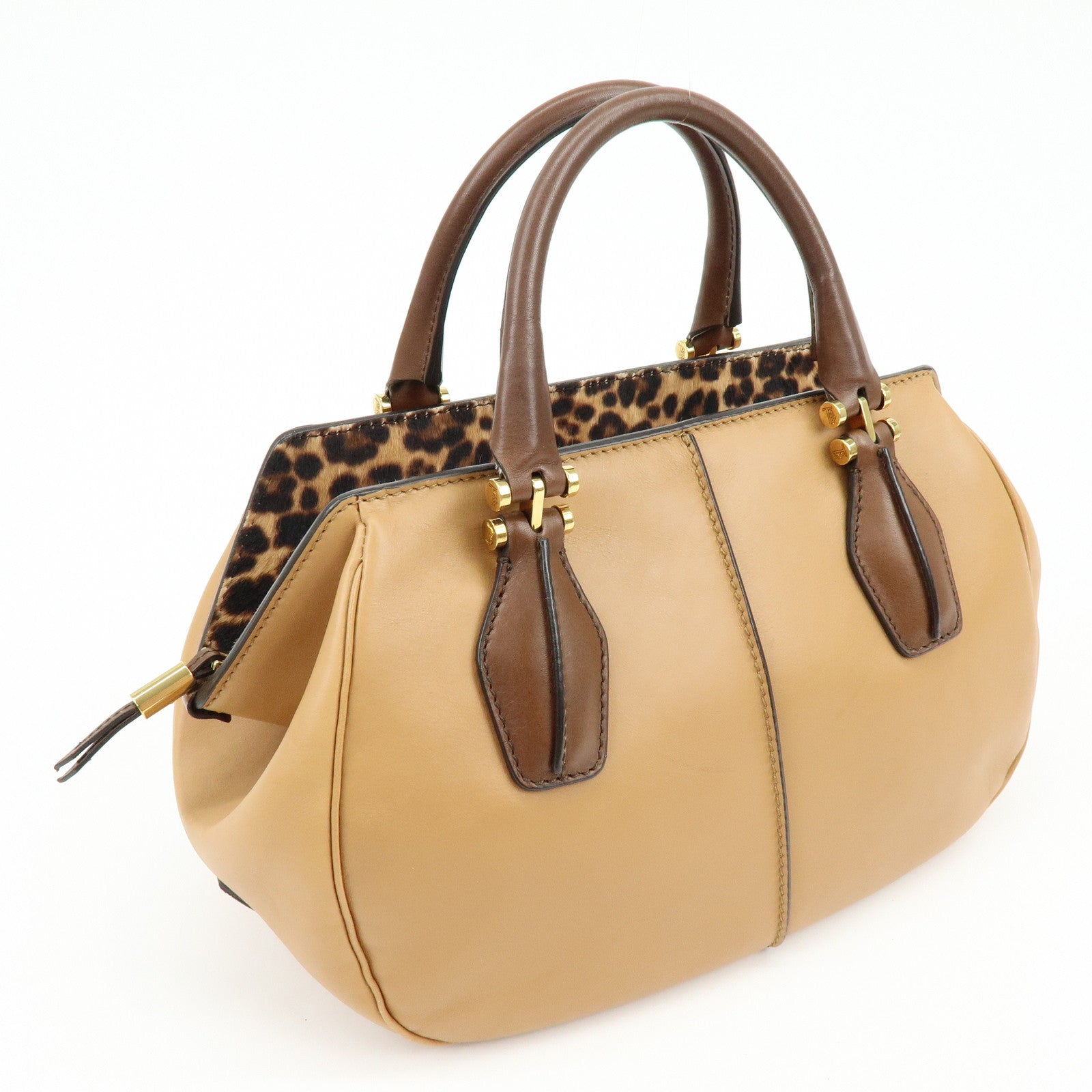 TOD'S Leather Calf Hair Bicolor Hand Bag Tote Bag Beige Brown