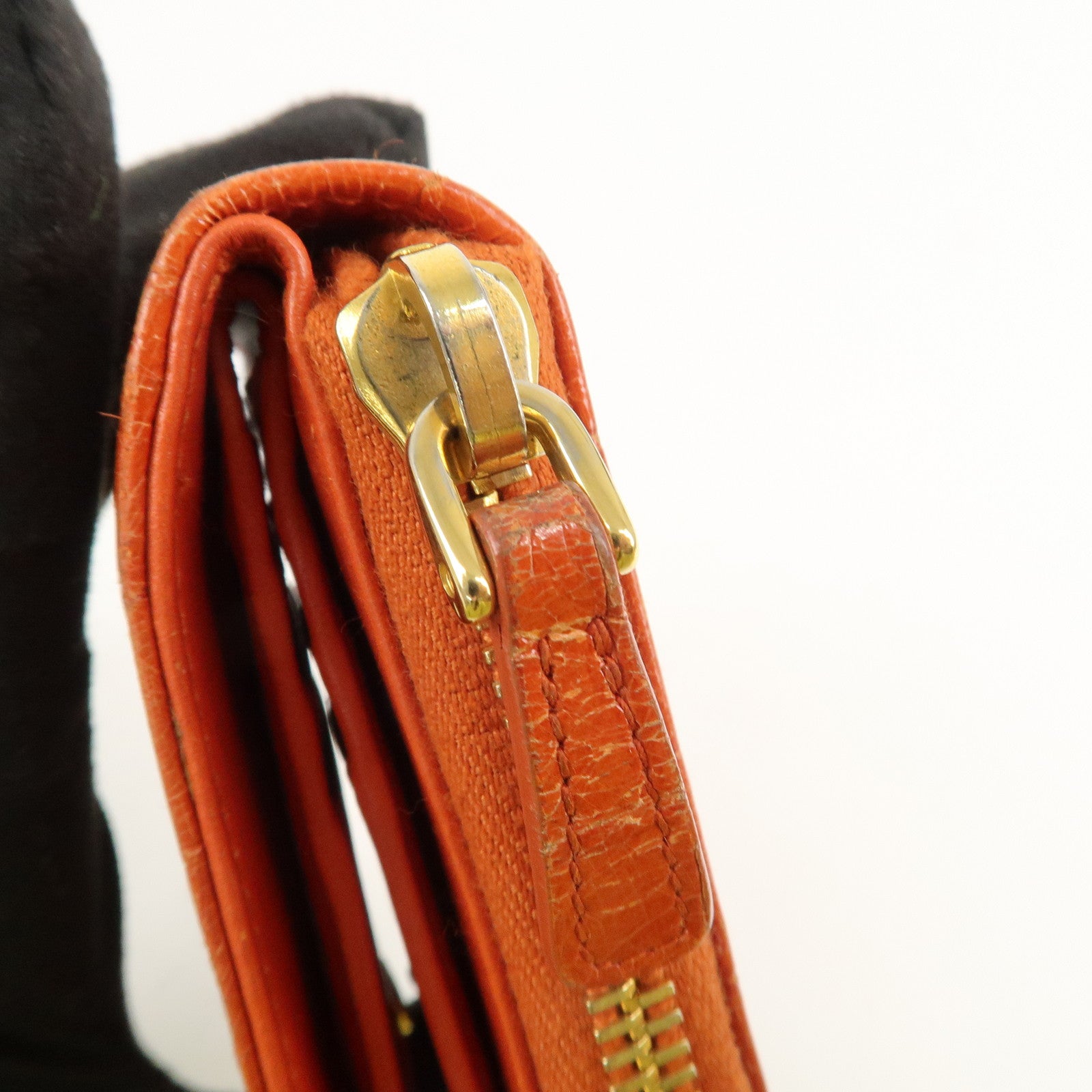 MIU MIU Leather Bi-Fold Wallet Compact Wallet Orange Gold Hardware Used