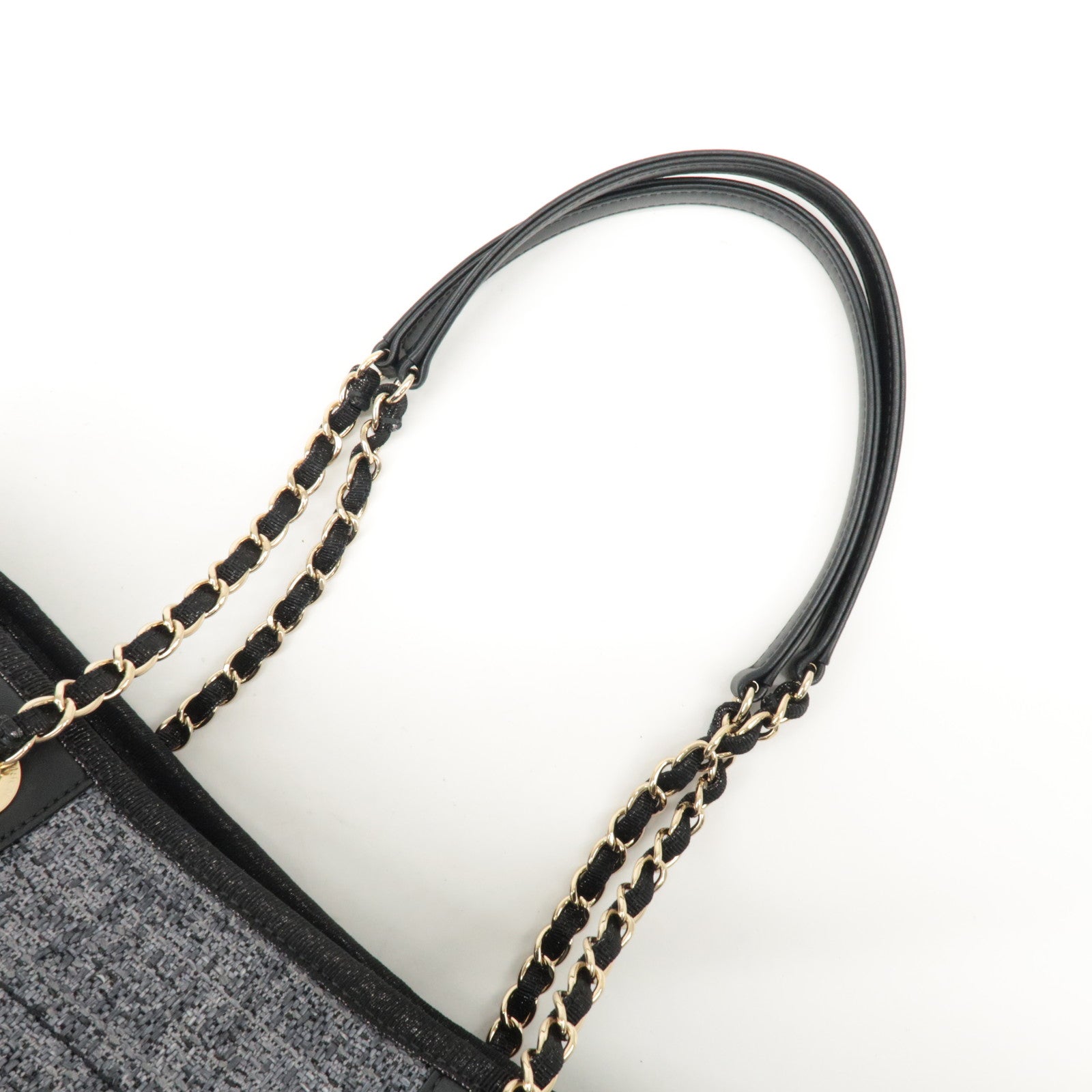 CHANEL Deauville Raffia Leather Chain Tote Bag MM Navy A66941 Used