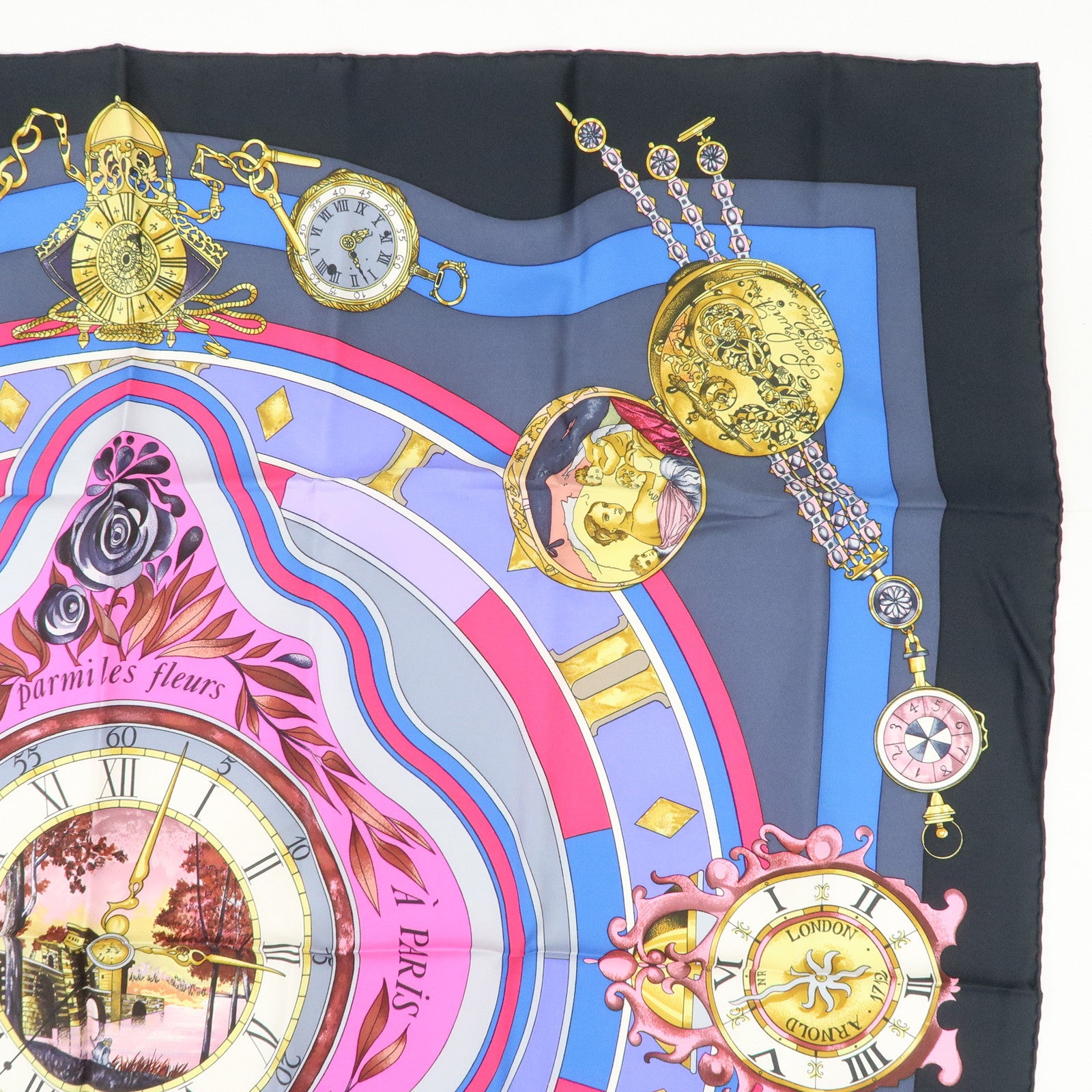 HERMES Carre 90 Silk 100% Scarf Parmi les fleurs je compte les heures Black
