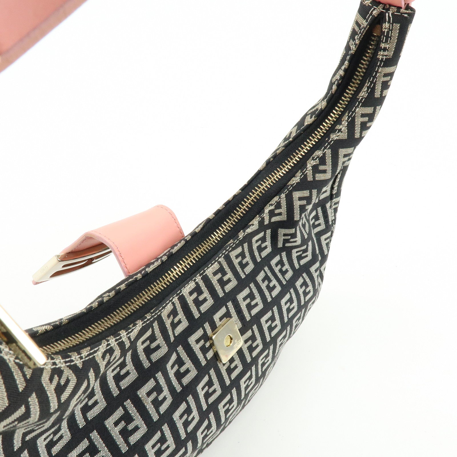 FENDI Zucchino Canvas Leather Shoulder Bag Black Pink 8BR020