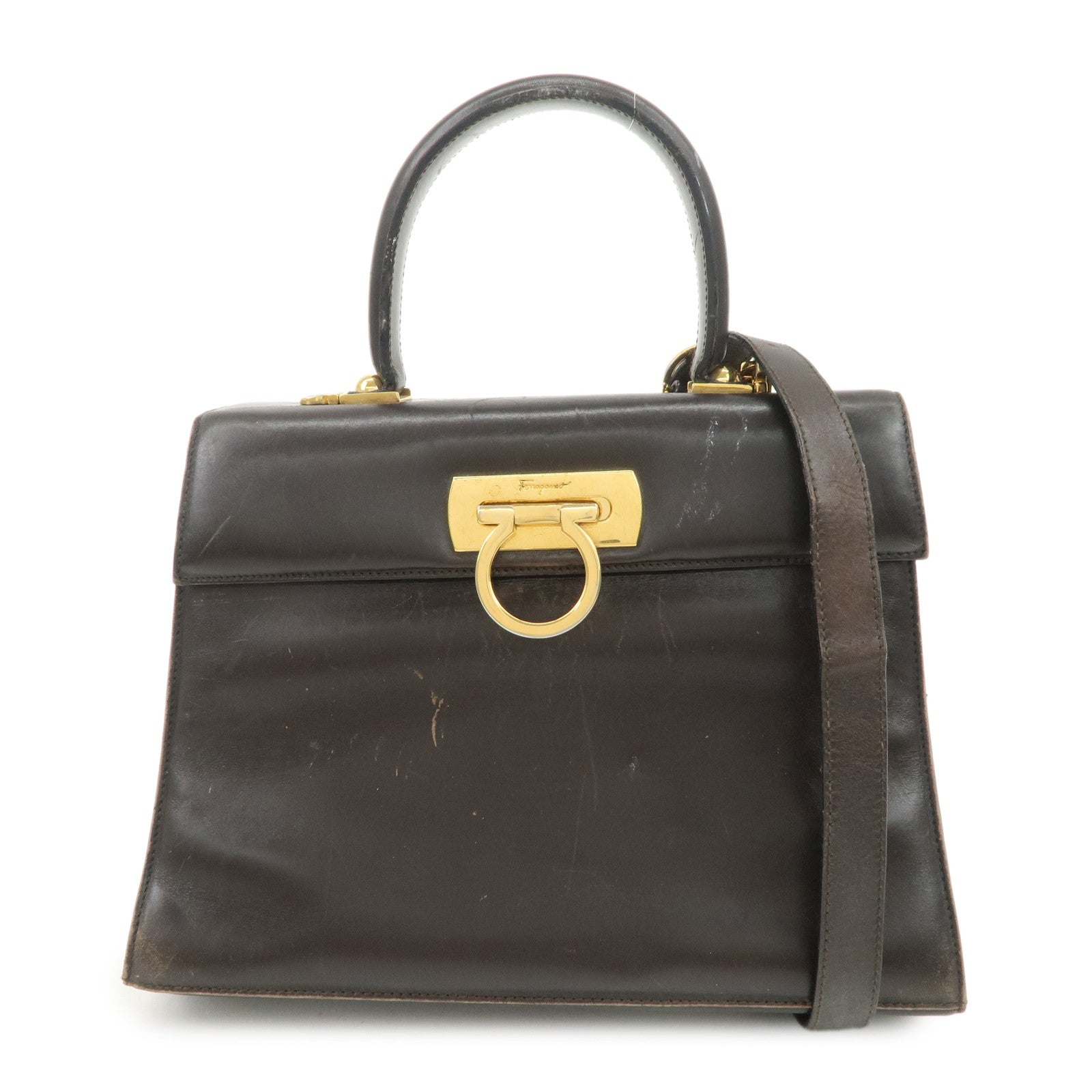 Ferragamo Gancini Leather 2Way Hand Bag Shoulder Bag Brown