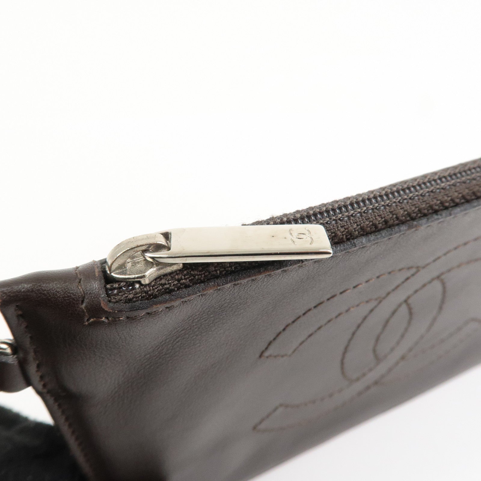 CHANEL Lamb Skin COCO Mark Pouch Silver Hardware Brown A25183 Used