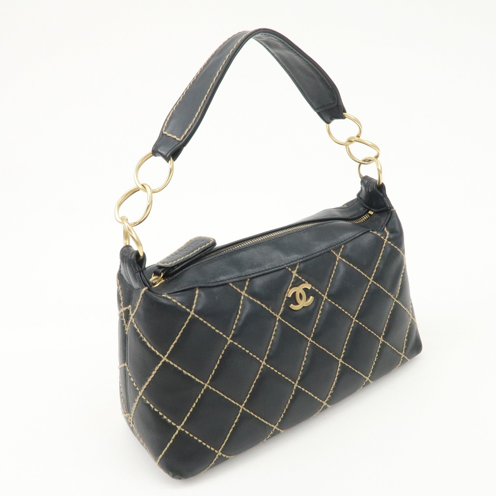 CHANEL COCO Mark Wild Stich Lamb Skin Chain Shoulder Bag Black Used