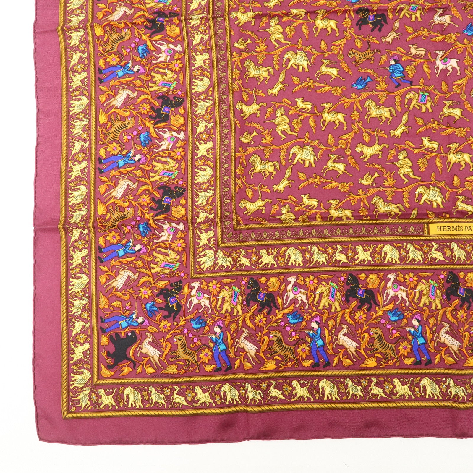 HERMES Carre 90 Silk 100% Scarf CHASSE EN INDE Bordeaux