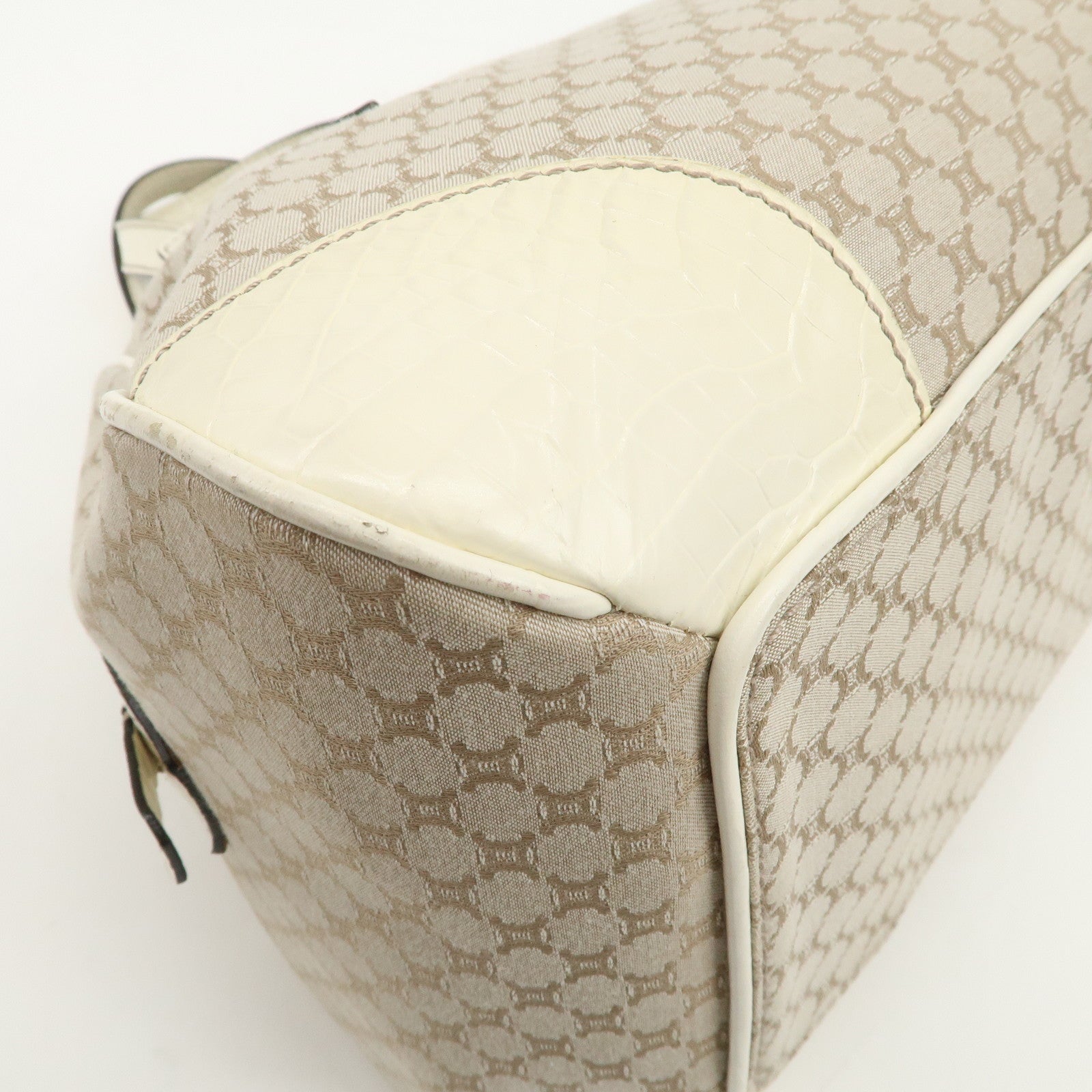 CELINE Macadam Canvas Leather Boston Bag Hand Bag Beige Ivory