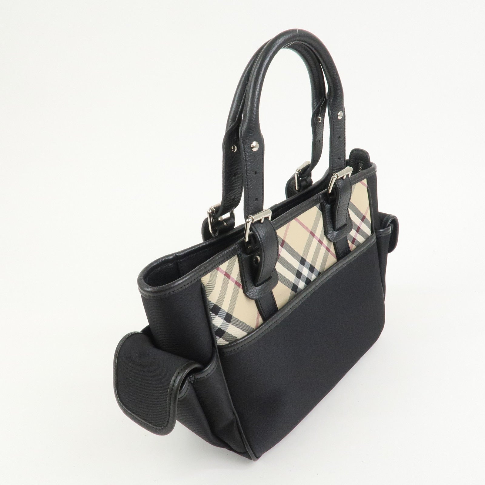 BURBERRY Nova Plaid Nylon Leather Tote Bag Hand bag Black