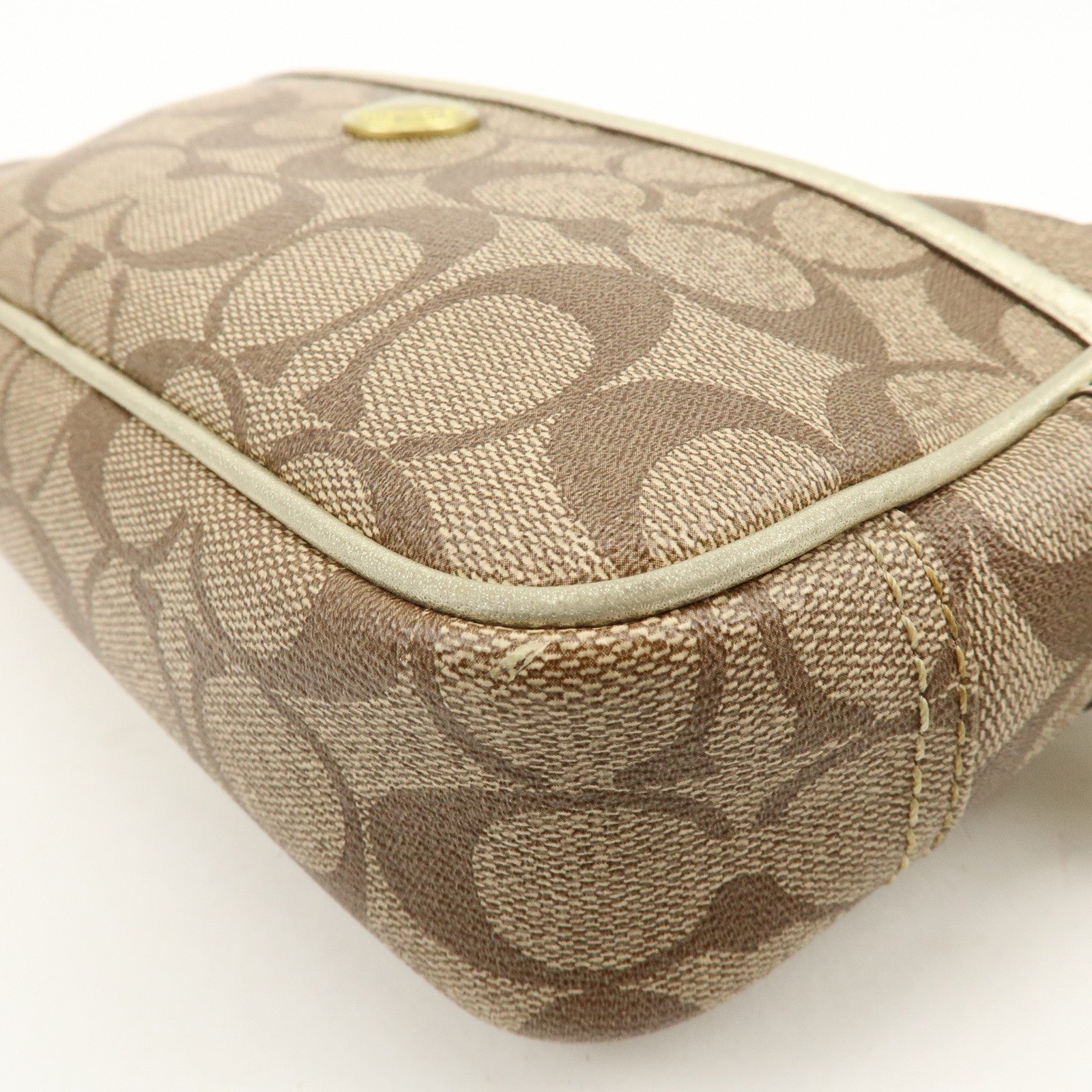 COACH Signature PVC Coated Canvas Leather Shoulder Bag Beige Gold