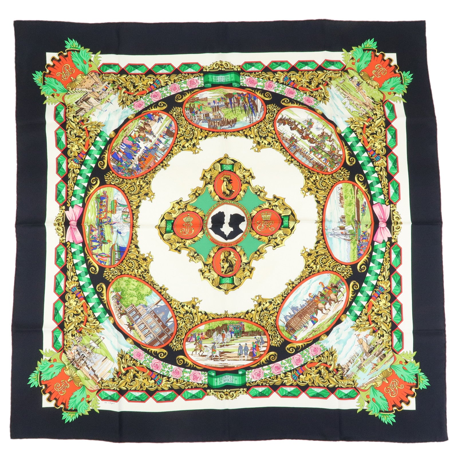 HERMES Carre 90 Silk100% Scarf L'Entente Cordiale Black White Green