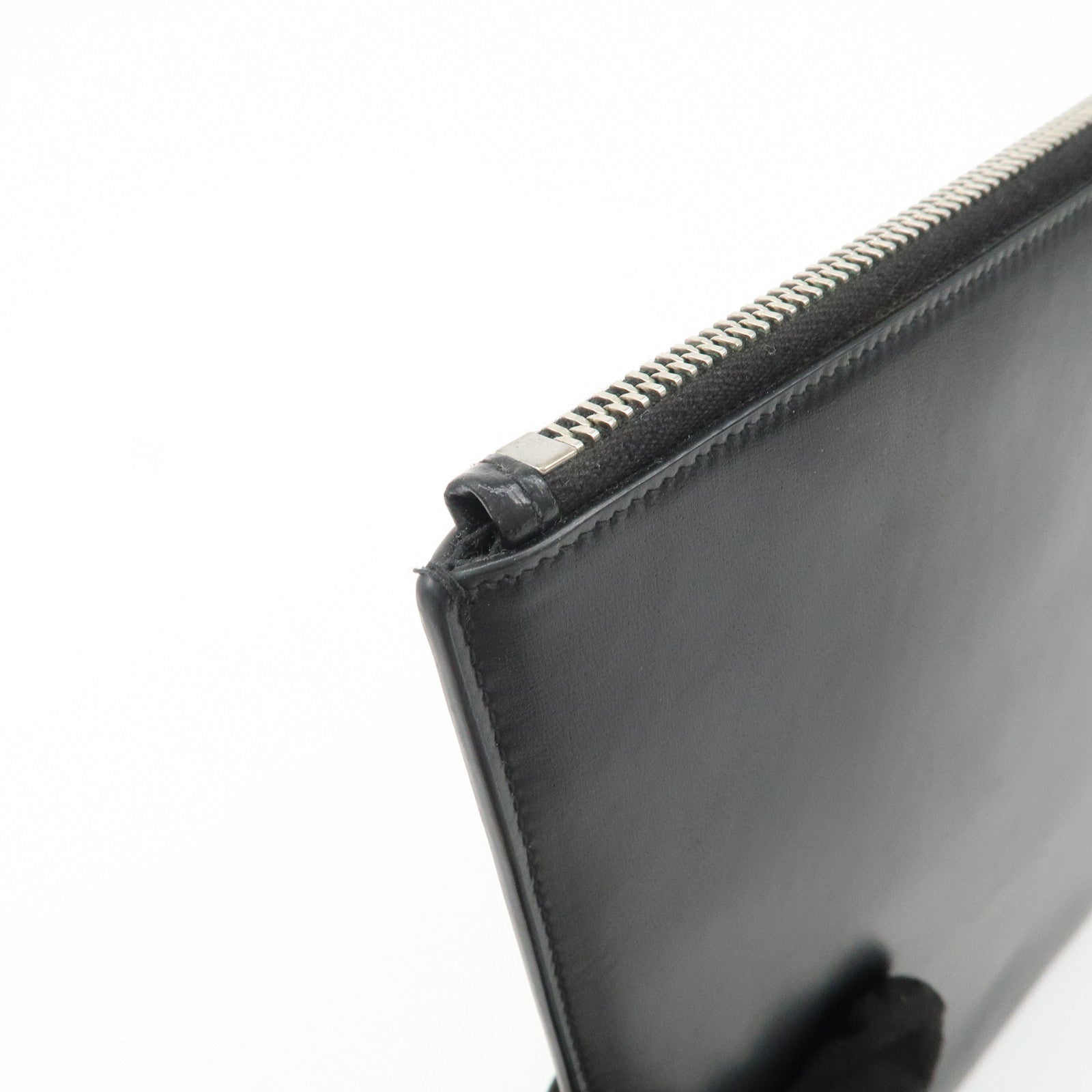 SAINT LAURENT Logo Leather Clutch Bag Black Silver HDW 607779