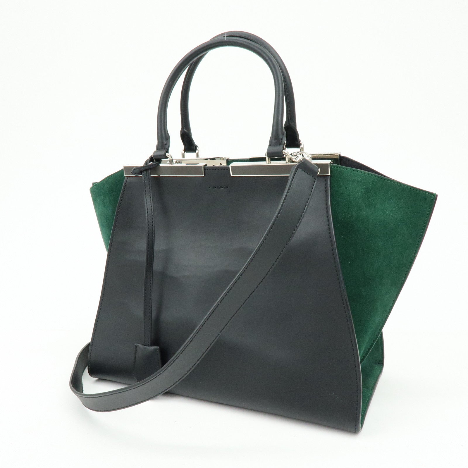 FENDI Trois Jours Leather Suede 2Way Hand Bag Black Green 8BH279