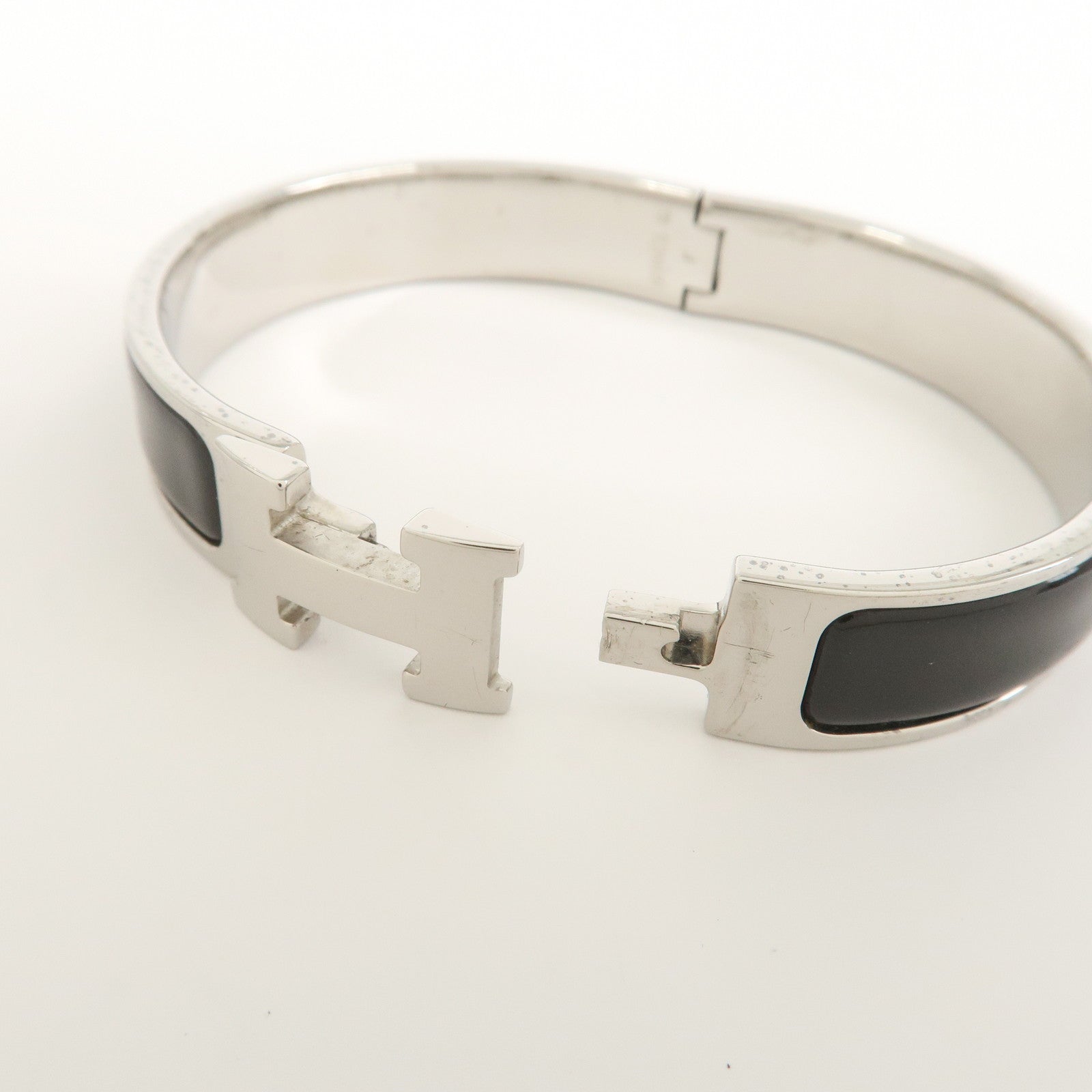 HERMES Clic Clac PM Metal Bracelet Bangle Silver Dark Brown