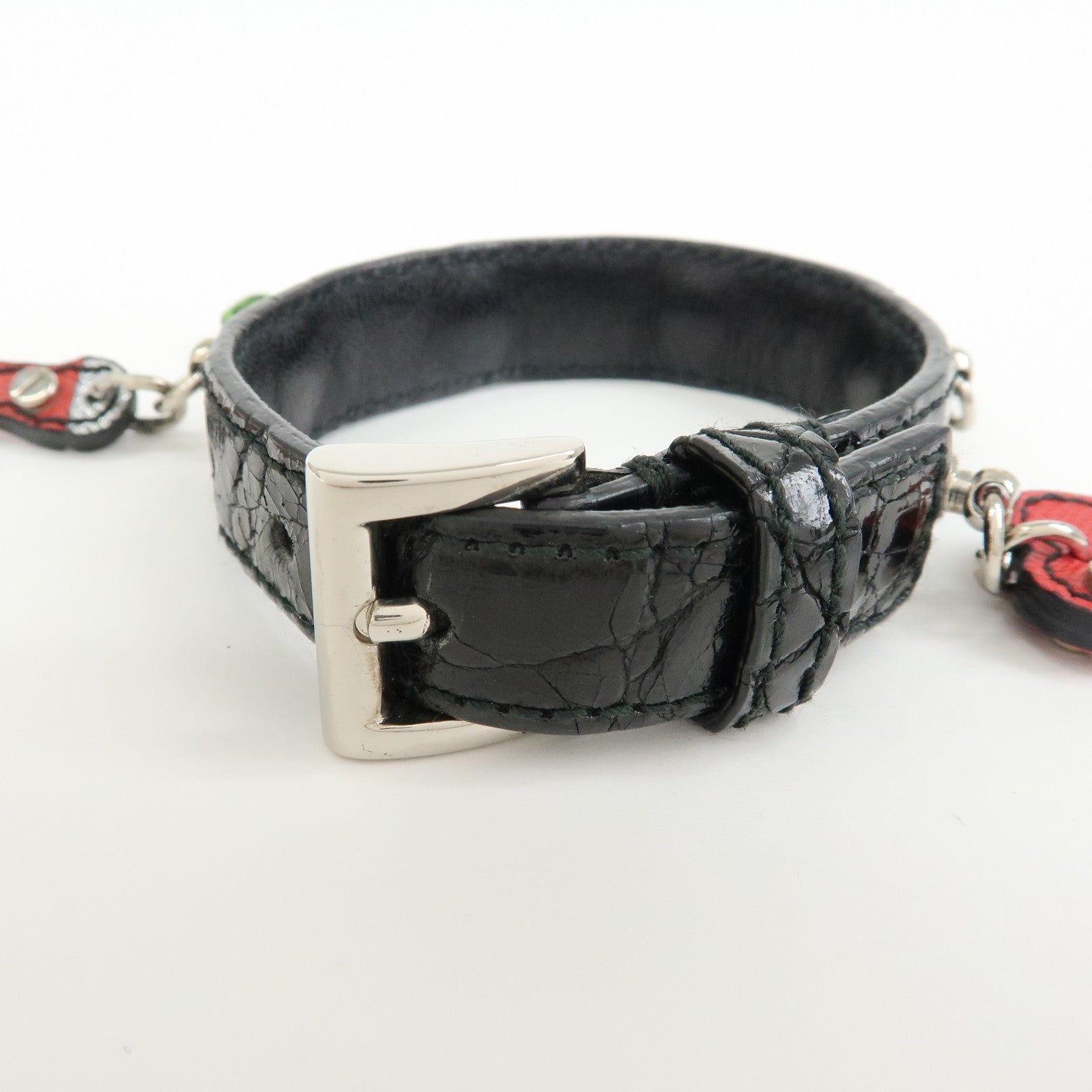 PRADA Patent Saffiano Leather Heart Flower Bear Bracelet Black
