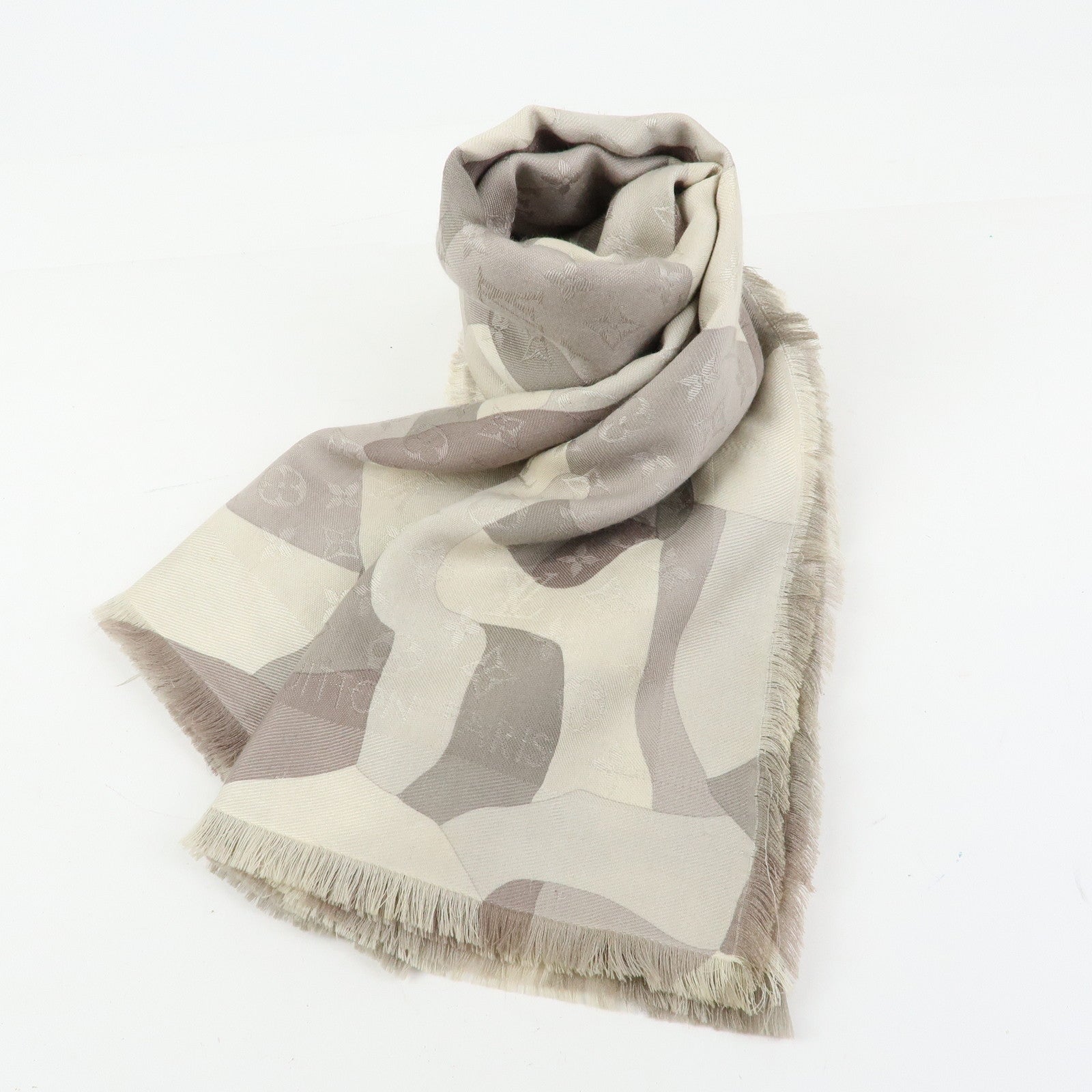 Louis Vuitton Monogram Silk Wool Shawl Scarf Camouflage Gray M75397