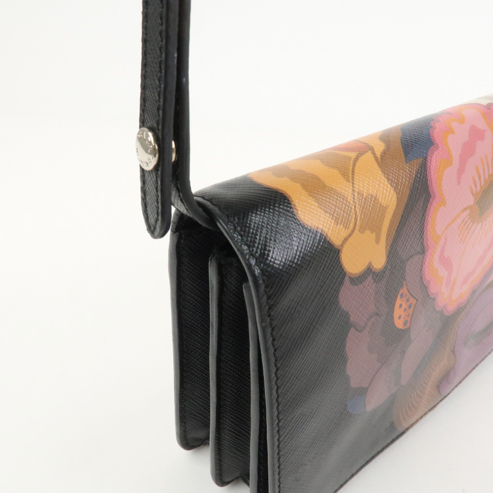 PRADA Flower Print Saffiano Leather Shoulder Bag Hand Bag Black
