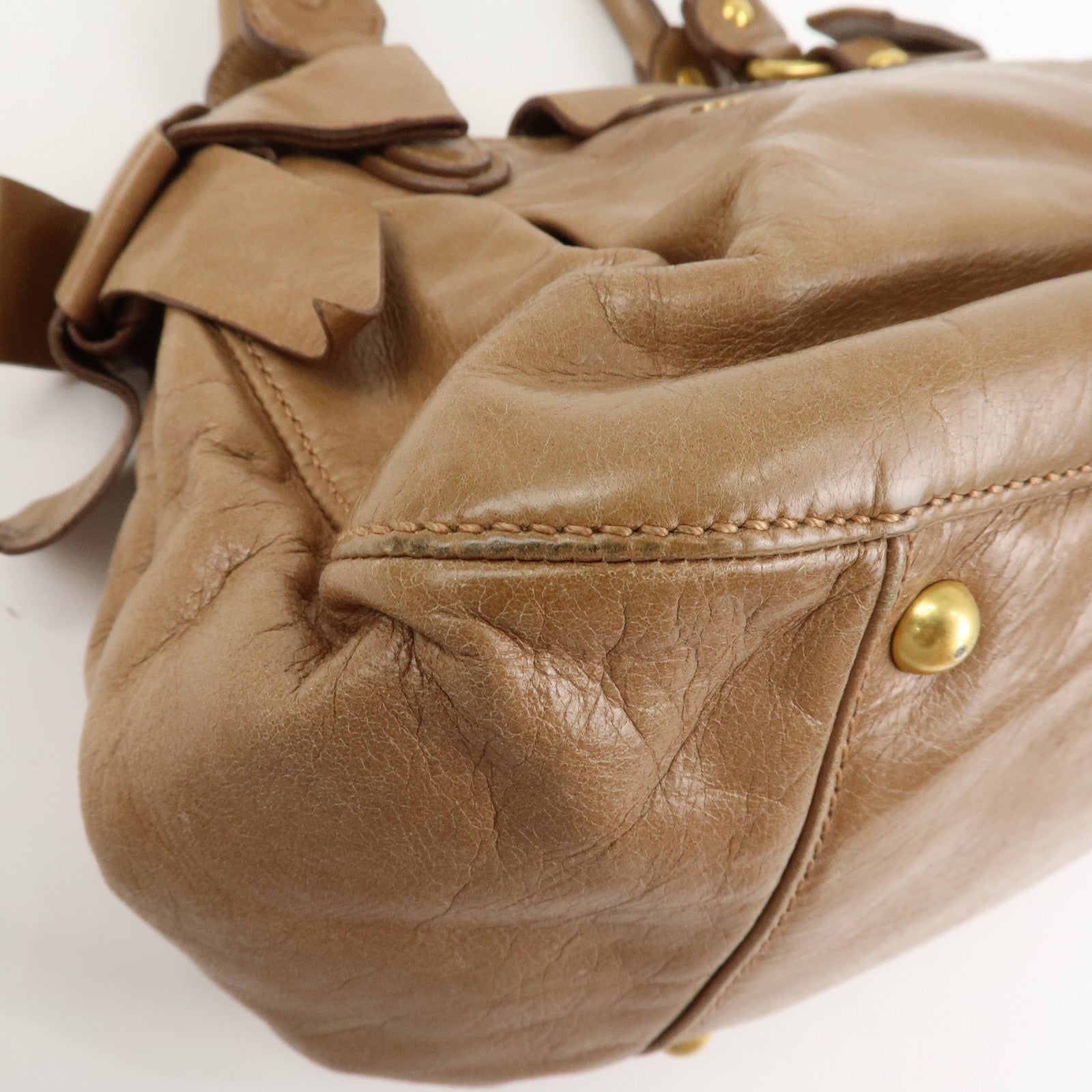 MIU MIU Leather Side Ribbon 2Way Bag Hand Bag Beige Gold