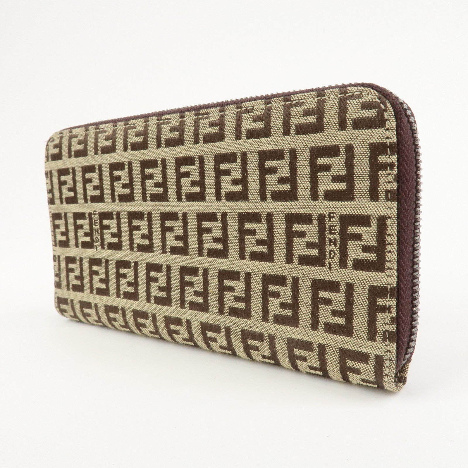 FENDI Zucchino Canvas Leather Round Zippy Long Wallet Brown 8M0024