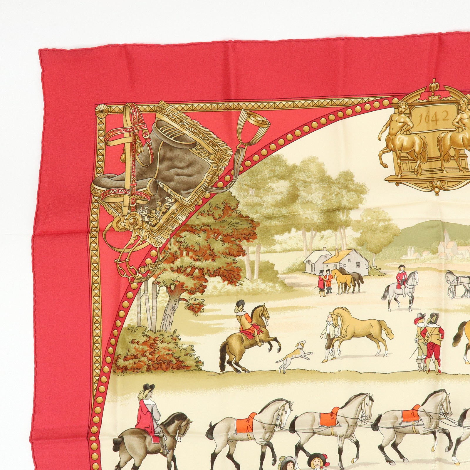 HERMES Carre 90 Silk 100% Scarf PRESENTATION DE CHEVAVX Beige Red