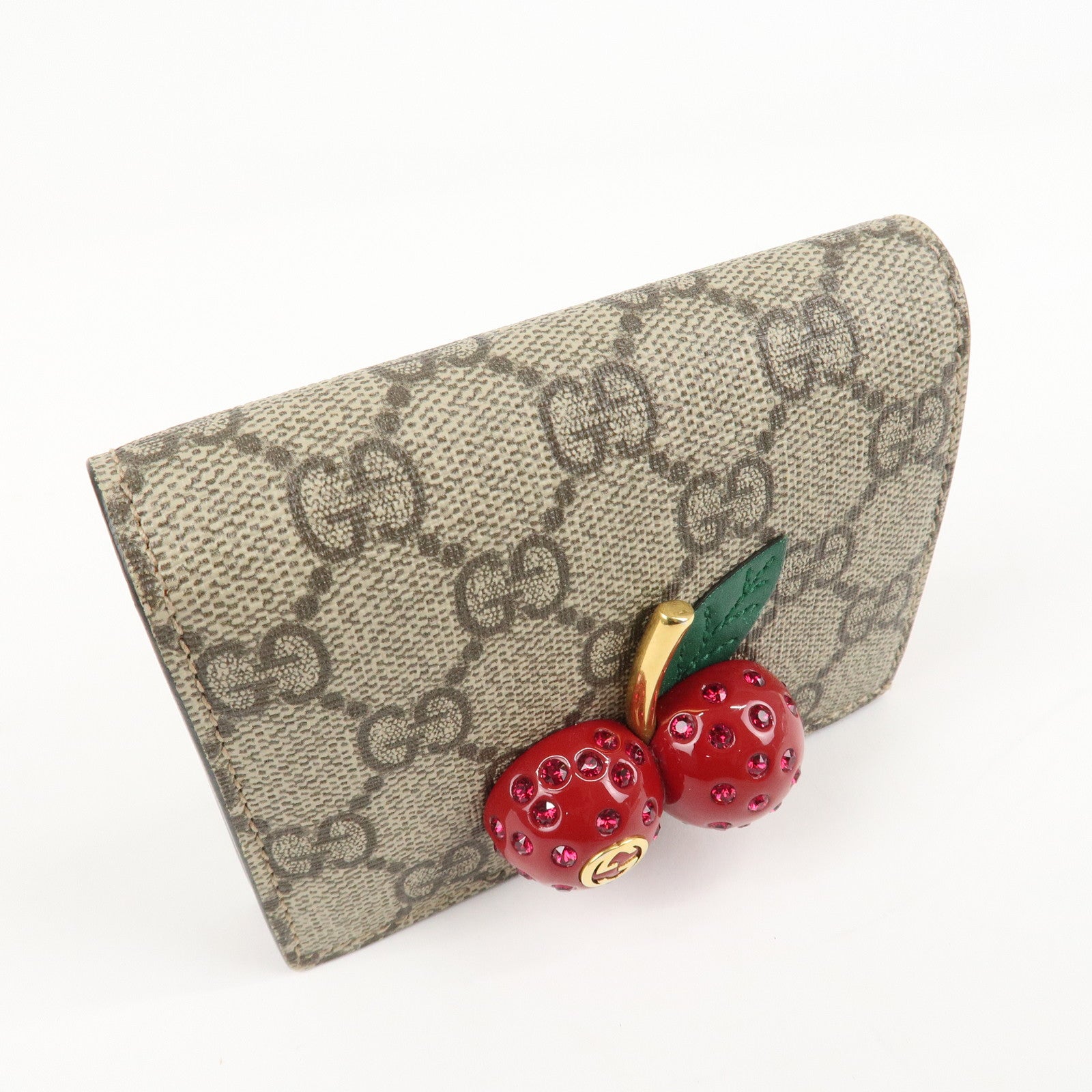 GUCCI Interlocking G GG Supreme Cherry Compact Wallet Beige 476050 Used