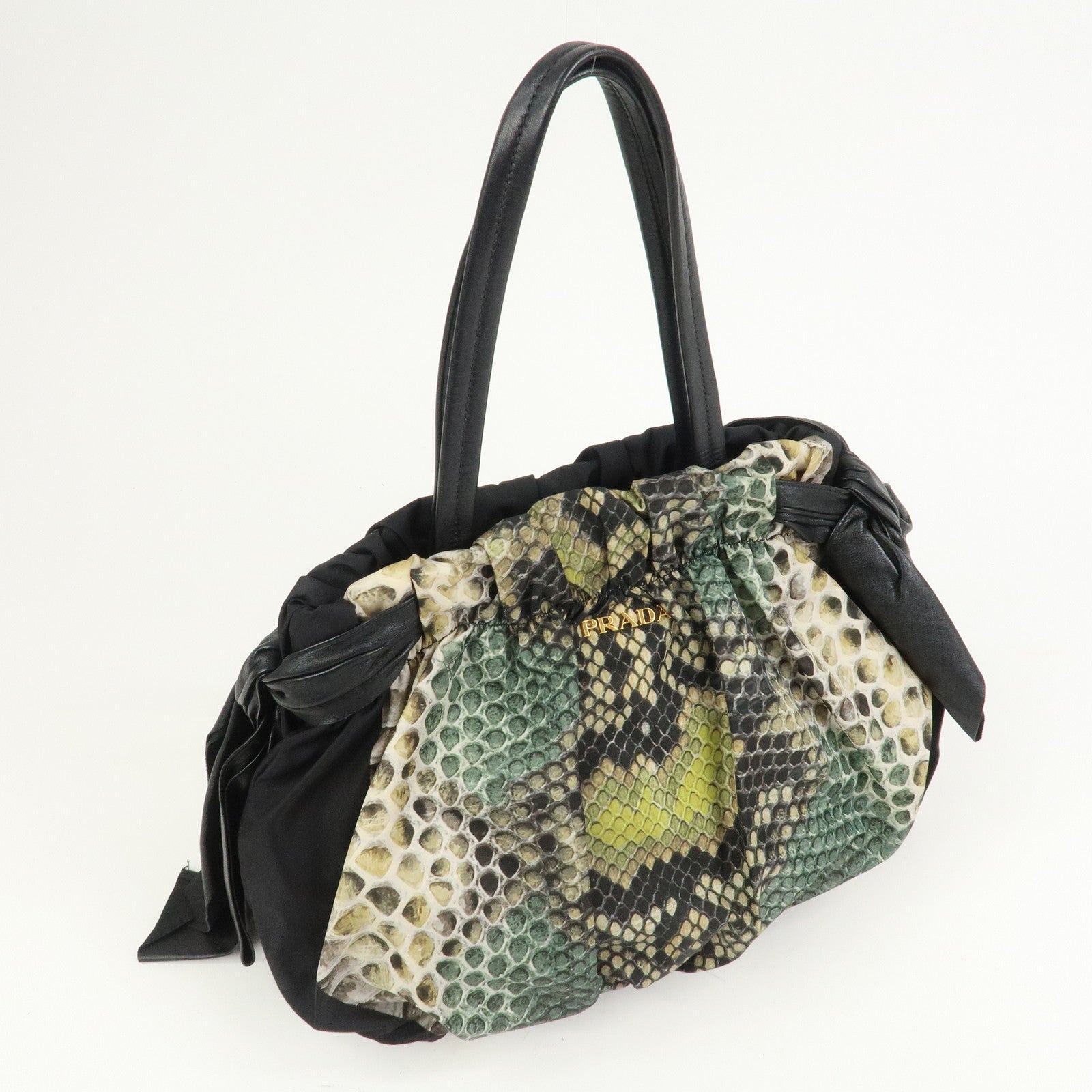 PRADA Logo Nylon Nappa Leather Shoulder Bag Black Green BR4230