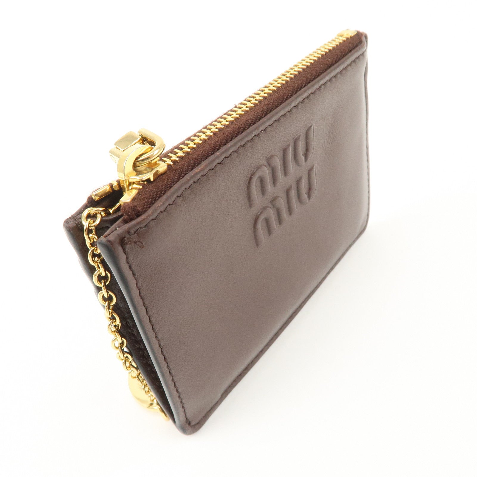 MIU MIU LOGO Leather Coin Case Card Case Brown Used