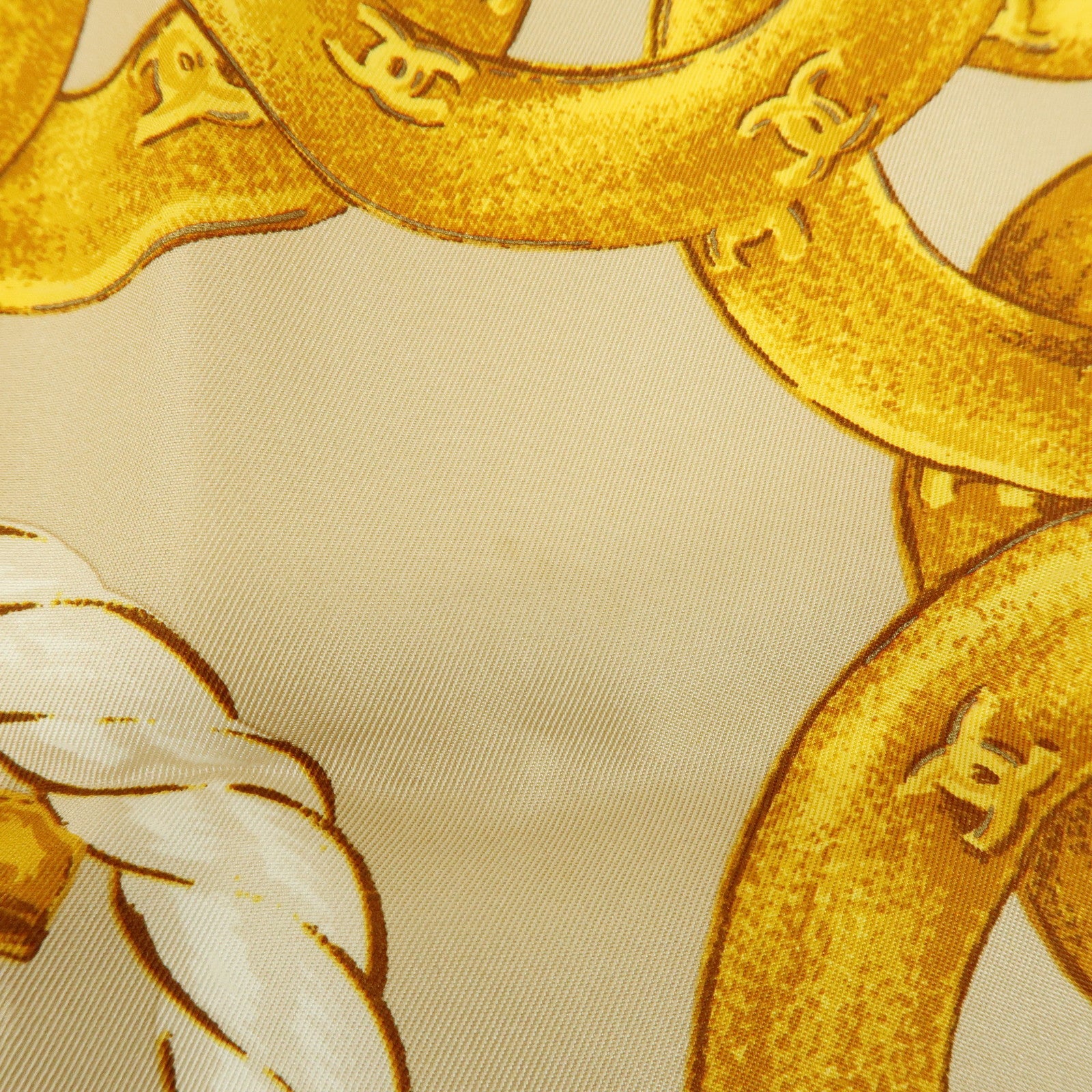 CHANEL COCO Mark Silk 100% Scarf Chain Pattern Yellow Beige