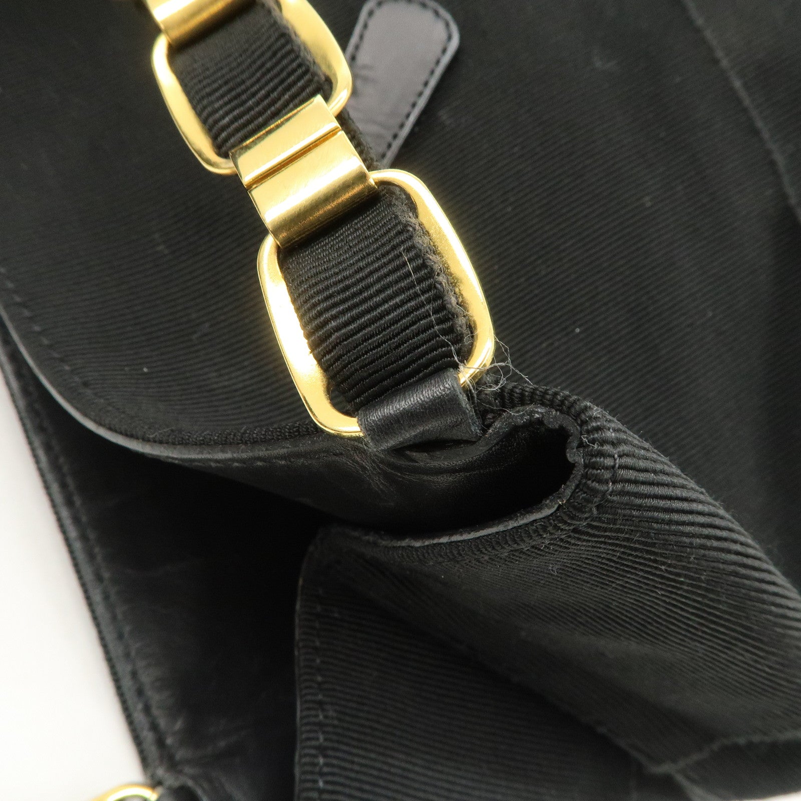 Ferragamo Leather Canvas Chain Tote Bag Hand Bag Black Gold Hardware Used