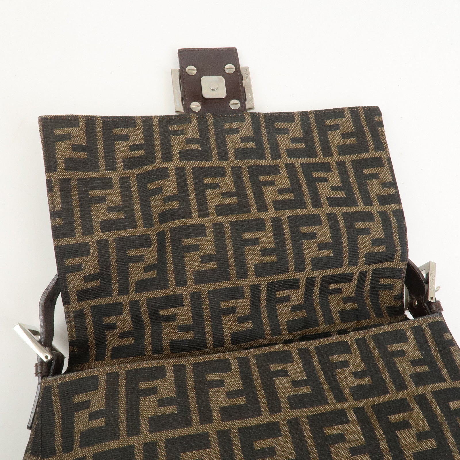 FENDI Mamma Baguette Zucca Canvas Leather Shoulder Bag Brown 26325