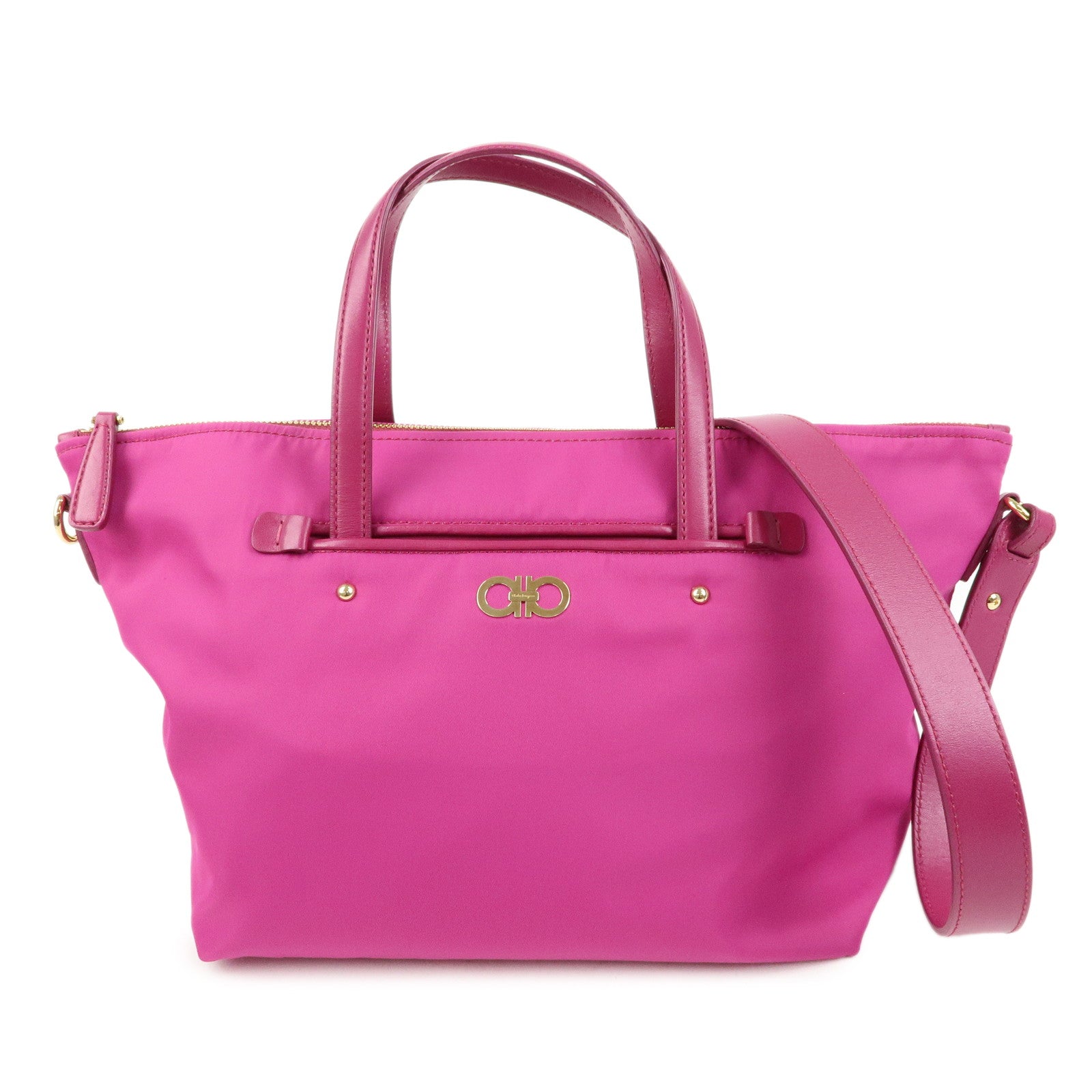 Ferragamo Gancini Nylon Leather 2Way Bag Hand Bag Shoulder Bag Pink