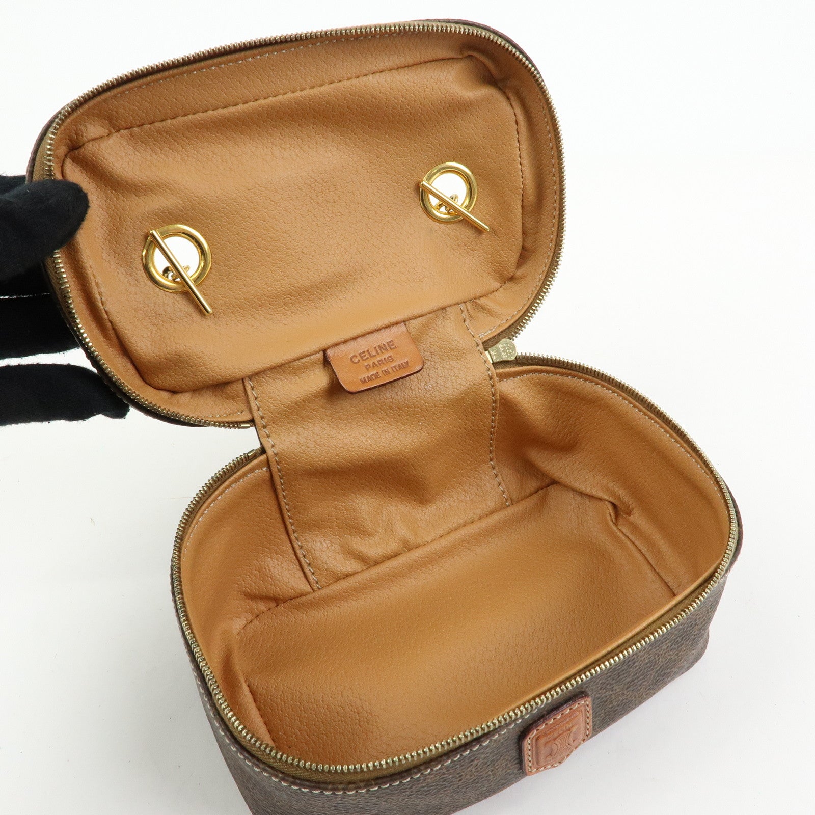 CELINE Macadam PVC Leather Chain Mini Hand Bag Vanity Bag Brown