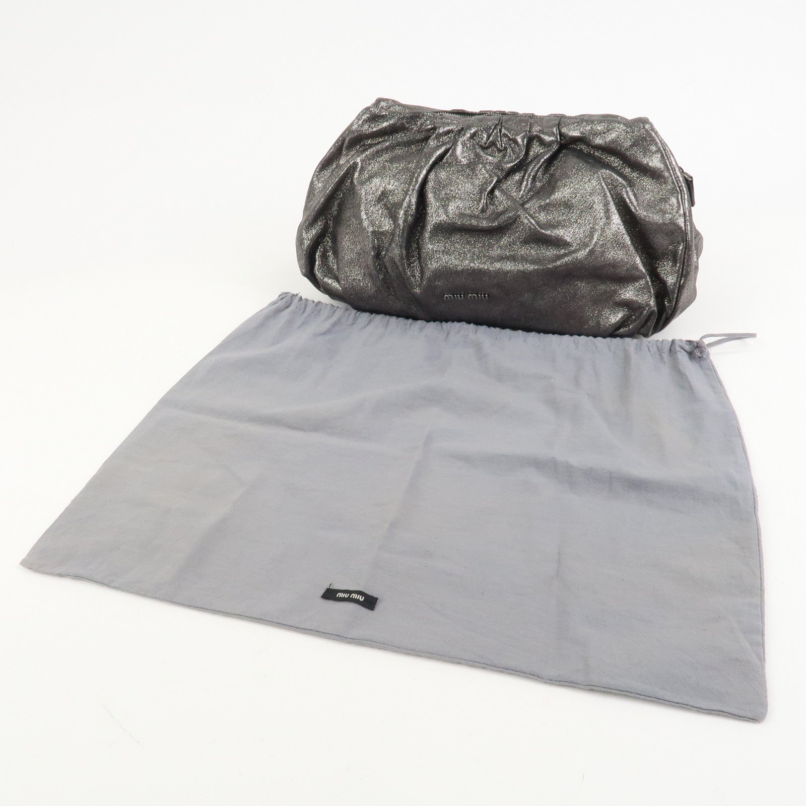 MIU MIU Logo Leather Clutch Bag Accessory Pouch Metallic Gray