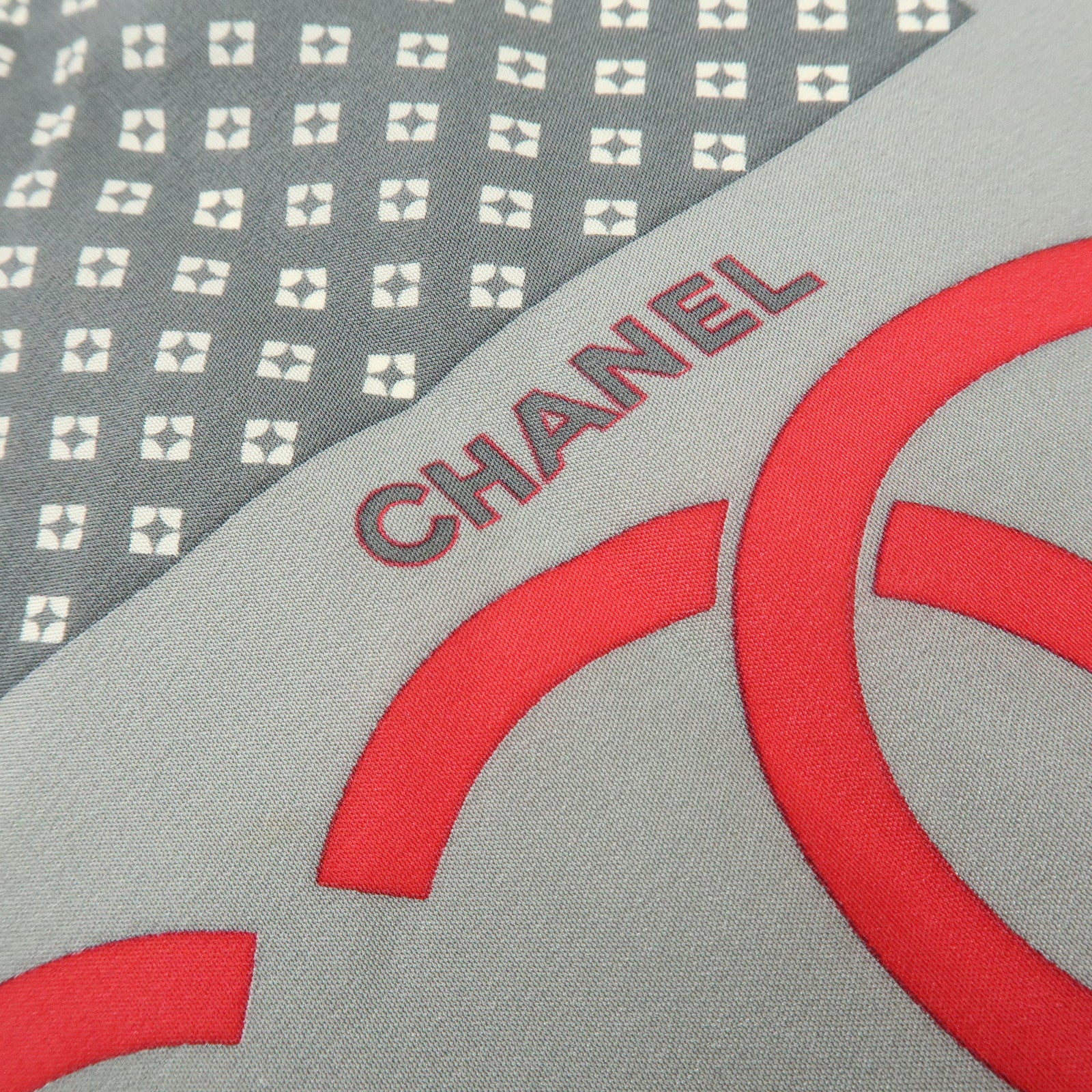 CHANEL COCO Mark Silk 100% Scarf Shawl Geometric Pattern Gray Red