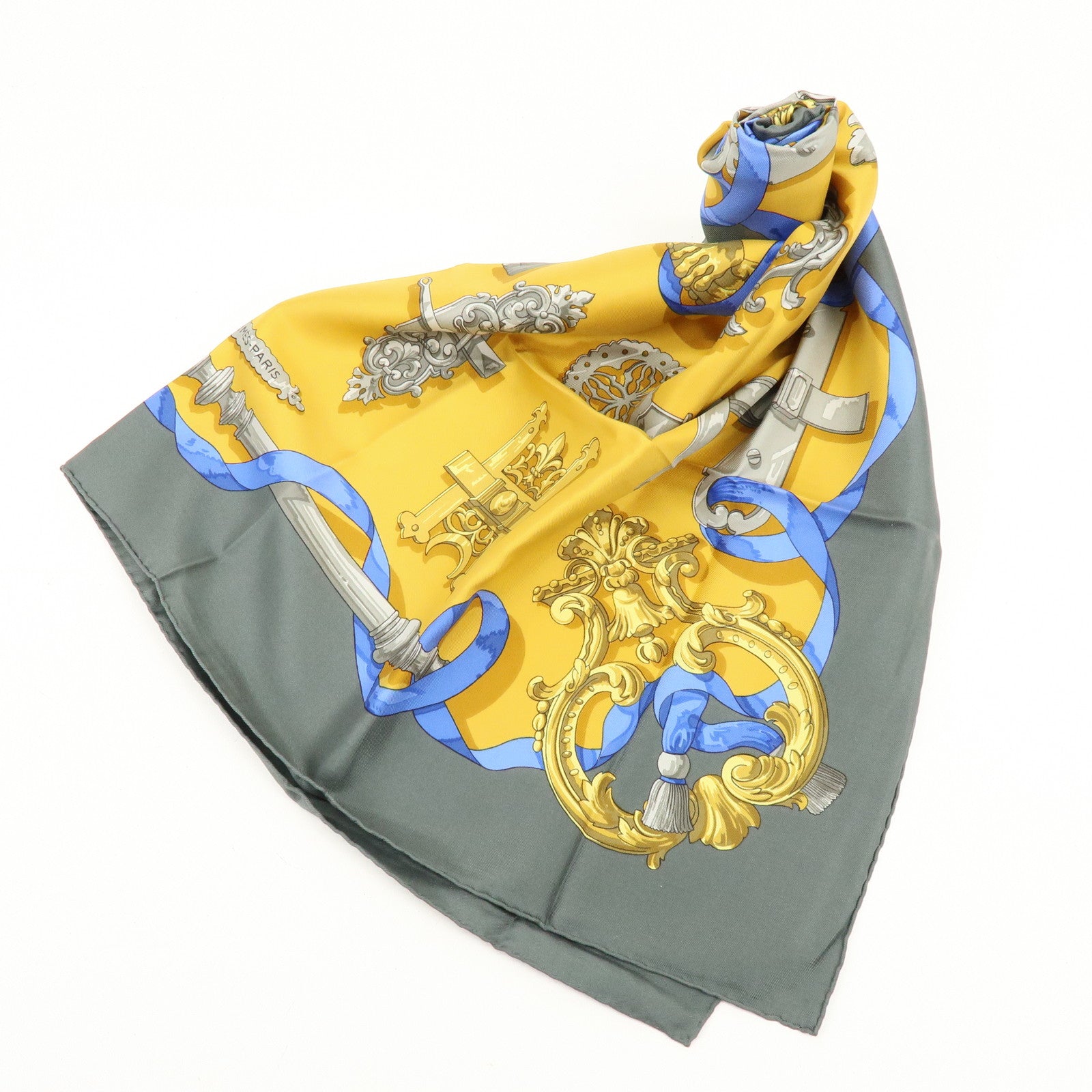 HERMES Carre 90 Silk 100% Scarf Ferronnerie Gray Gold