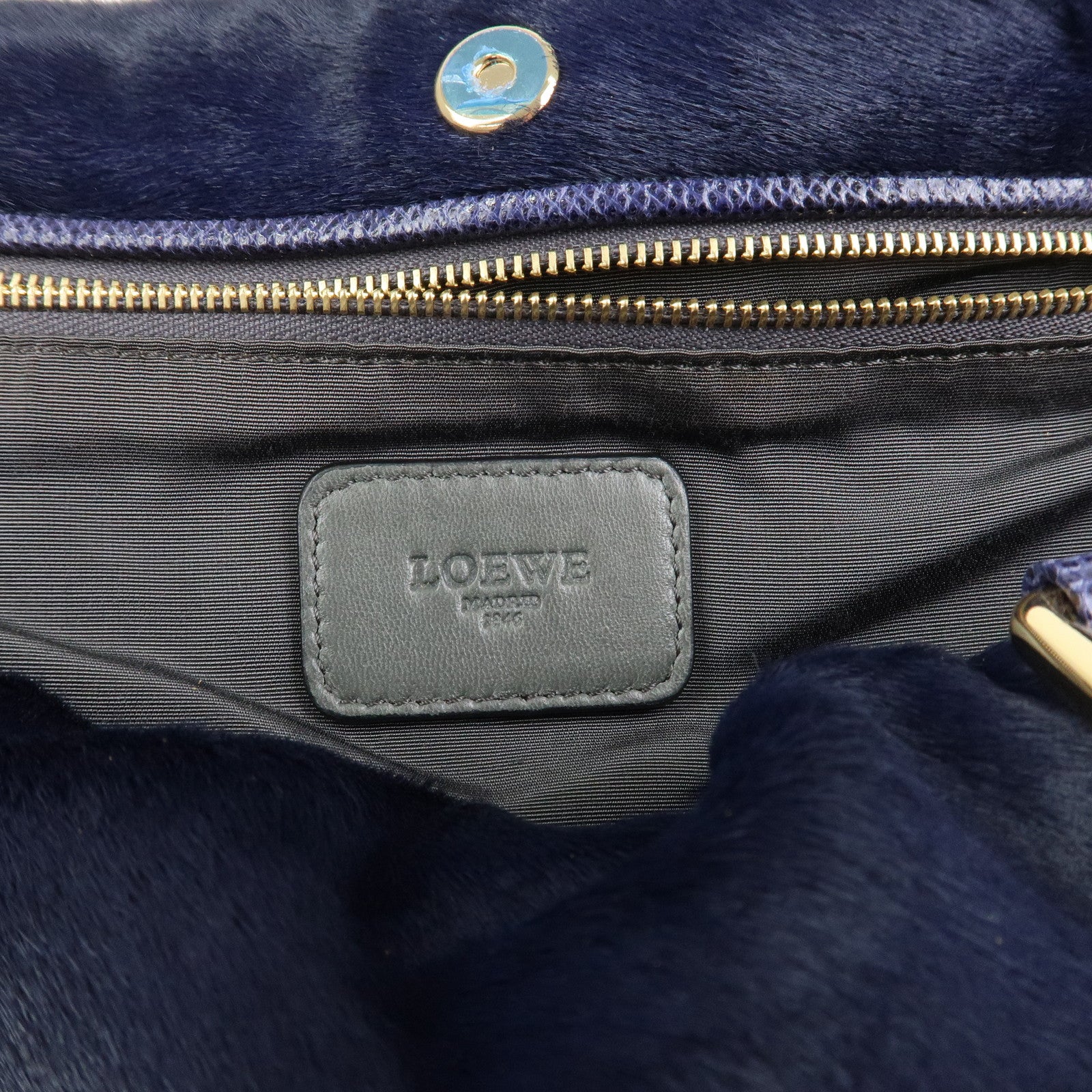 LOEWE Logo Unborn Calf Leather Hand Bag Charm Shoulder Bag Navy