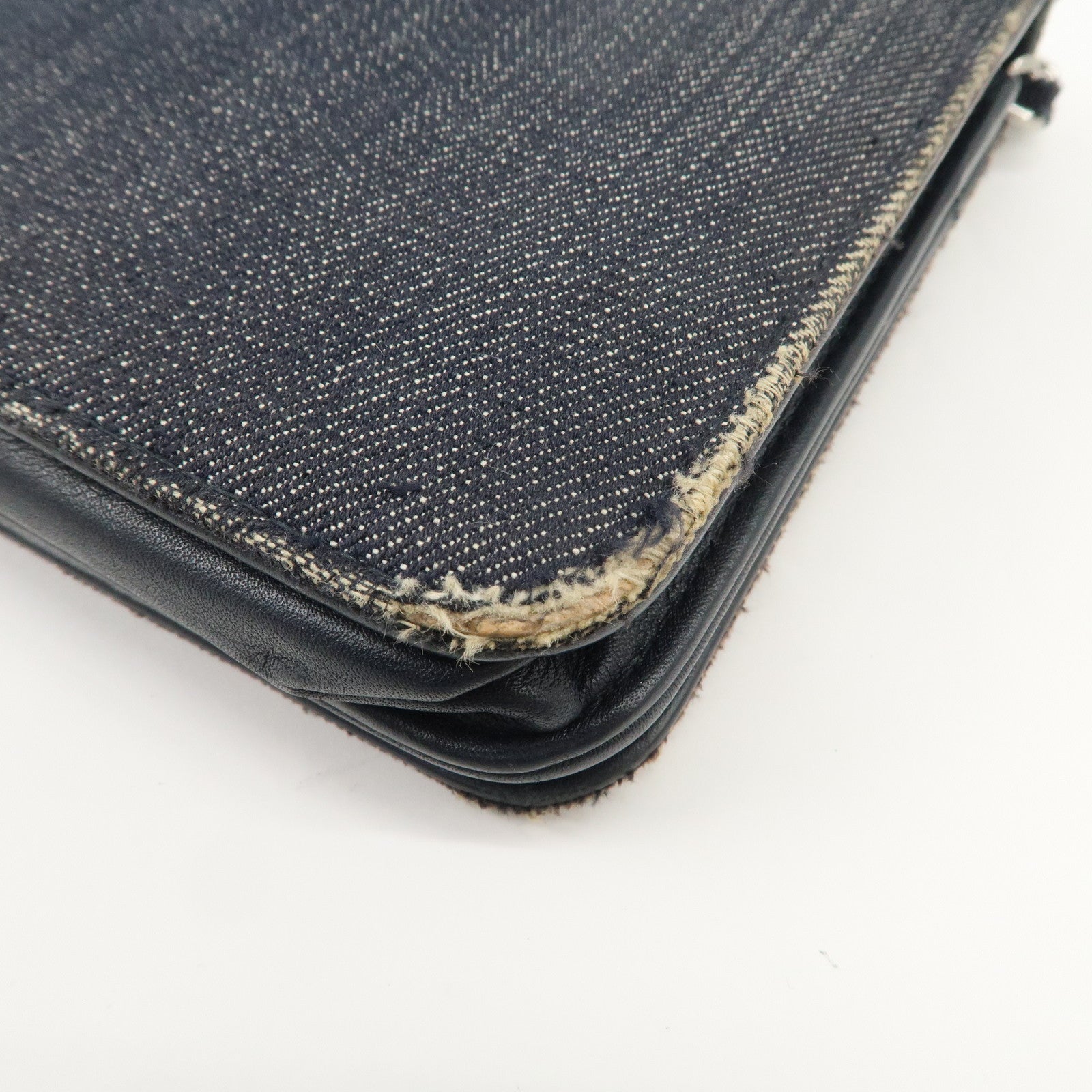 CHANEL Deauville Denim Chain Wallet Navy Brown Silver HDW A80795 Used