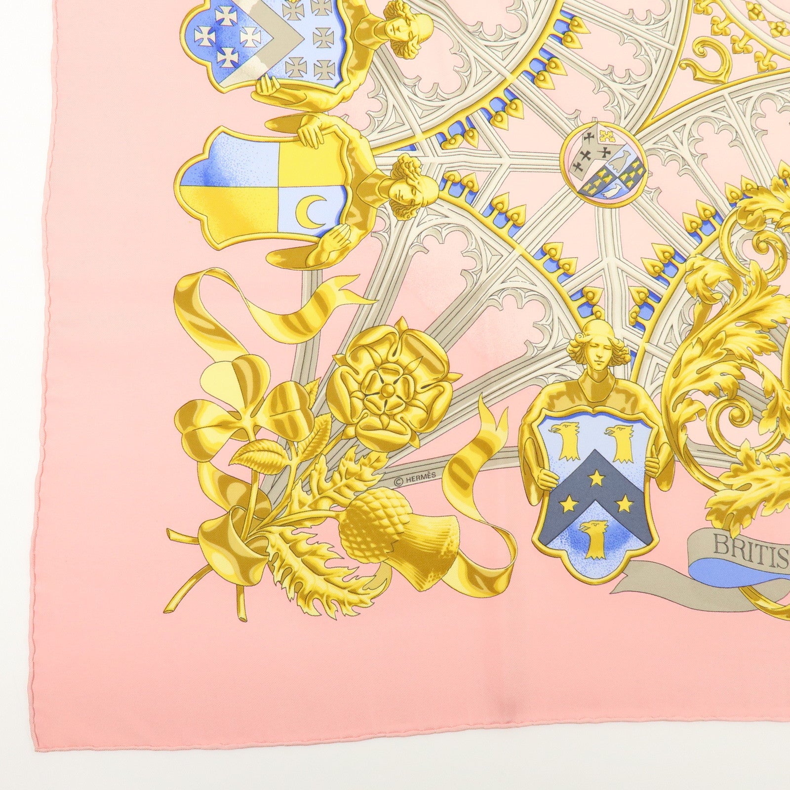 HERMES Carre 90 Silk 100% Scarf BRITISH HERALDRY Light Pink Gold