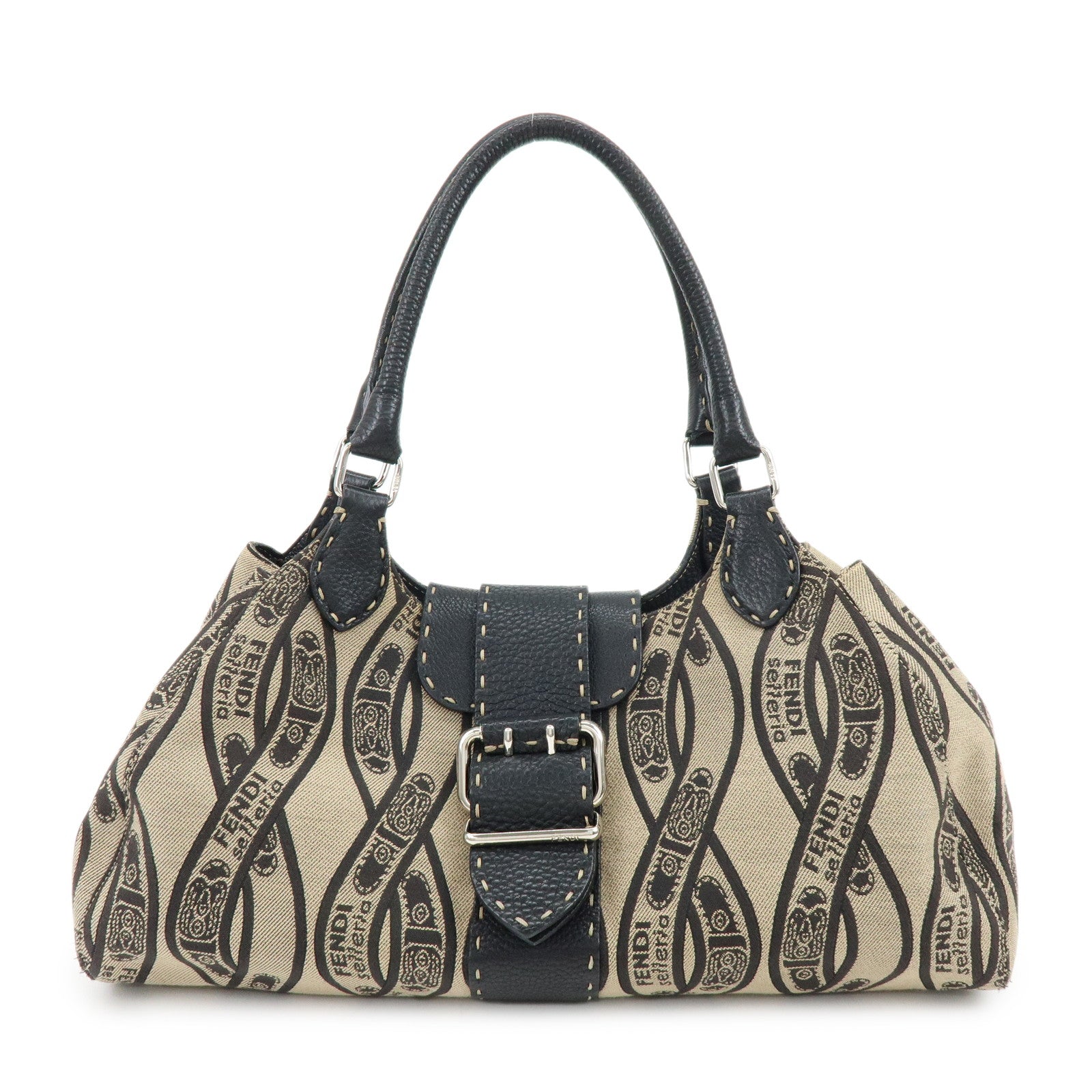 FENDI Selleria Canvas Leather Hand Bag Shoulder Bag Beige 8BR457