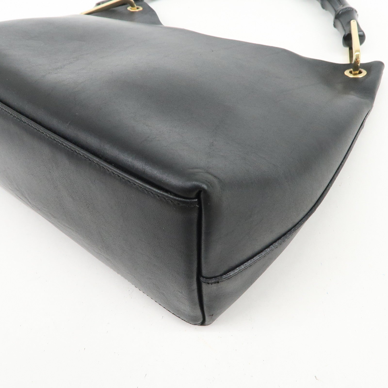 GUCCI Bamboo Leather Shoulder Bag Hand Bag Black Gold