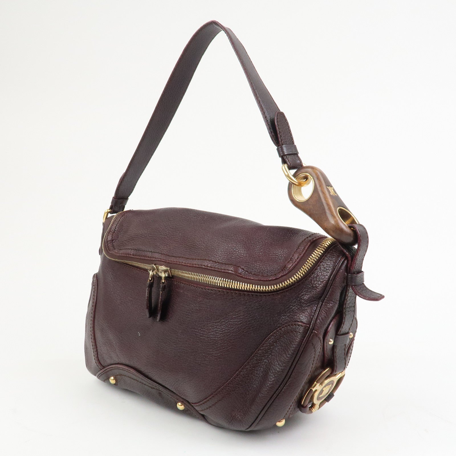 CELINE Macadam Leather Wood Shoulder Bag Hand Bag Brown