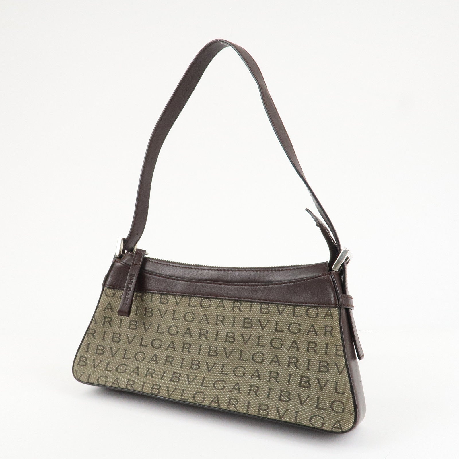 BVLGARI Logo Mania Canvas Leather Shoulder Bag khaki Dark Brown Used