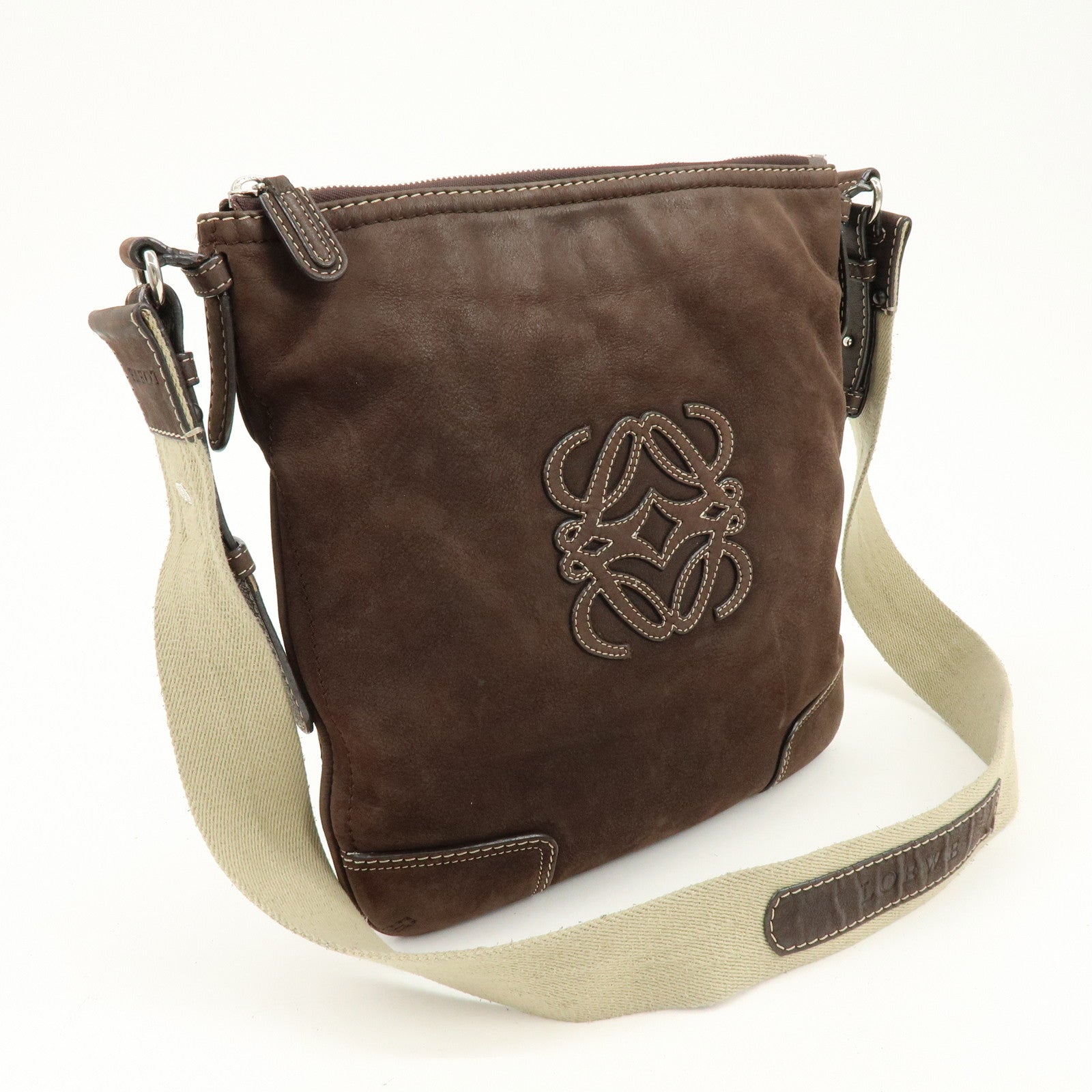 LOEWE Anagram Leather Canvas Shoulder Bag Crossbody Bag Brown Beige