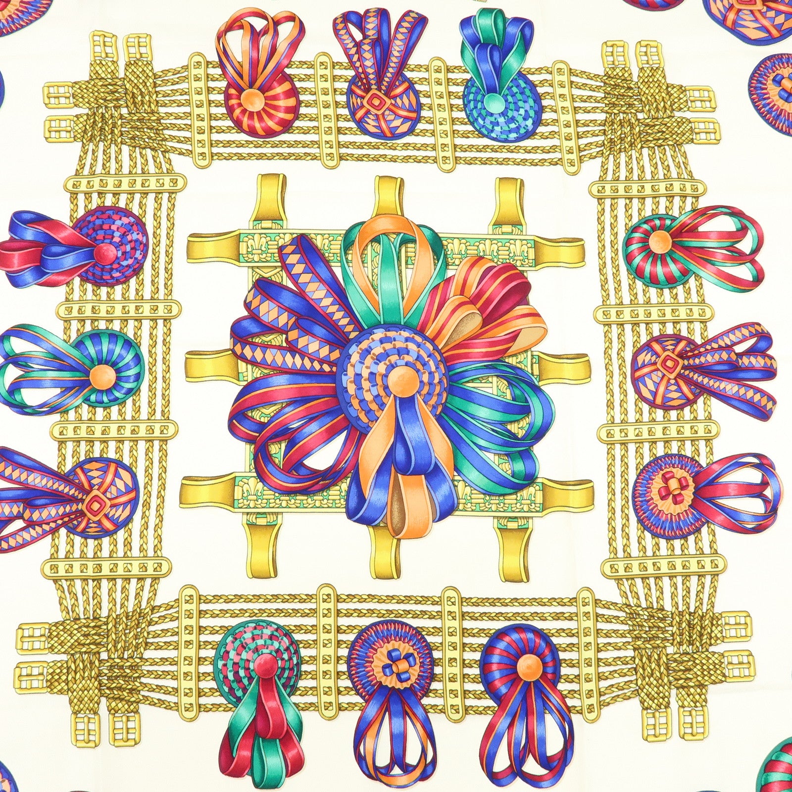 HERMES Carre 90 Silk 100% LES RUBANS DU CHEVAL Scarf Blue White