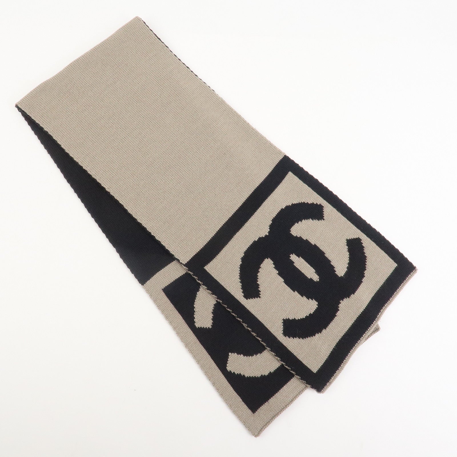 CHANEL COCO Mark Cashmere Wool Silk Scarf Black Brown