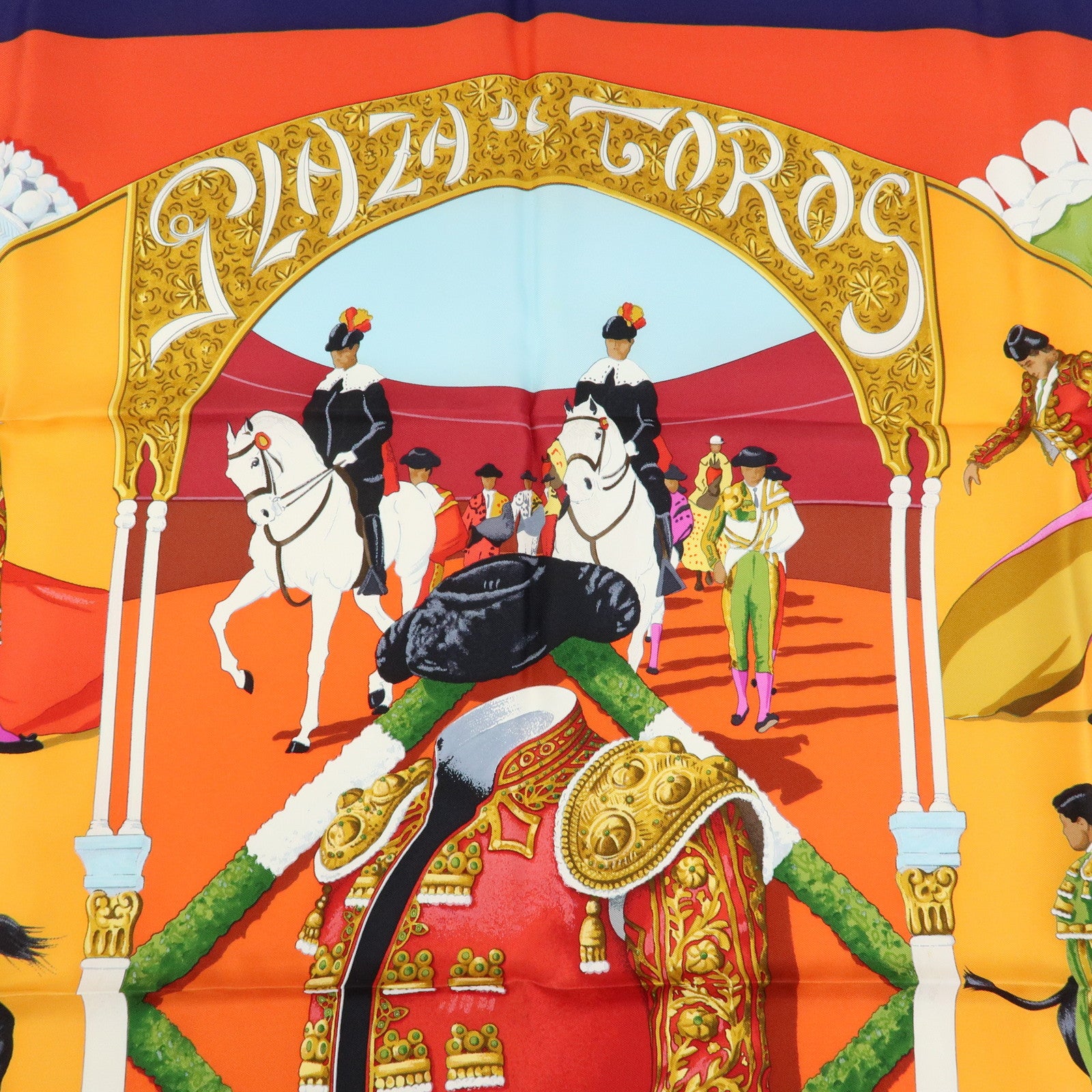 HERMES Carre 90 Silk 100% Scarf Plaza de Toros Bullring Red Navy