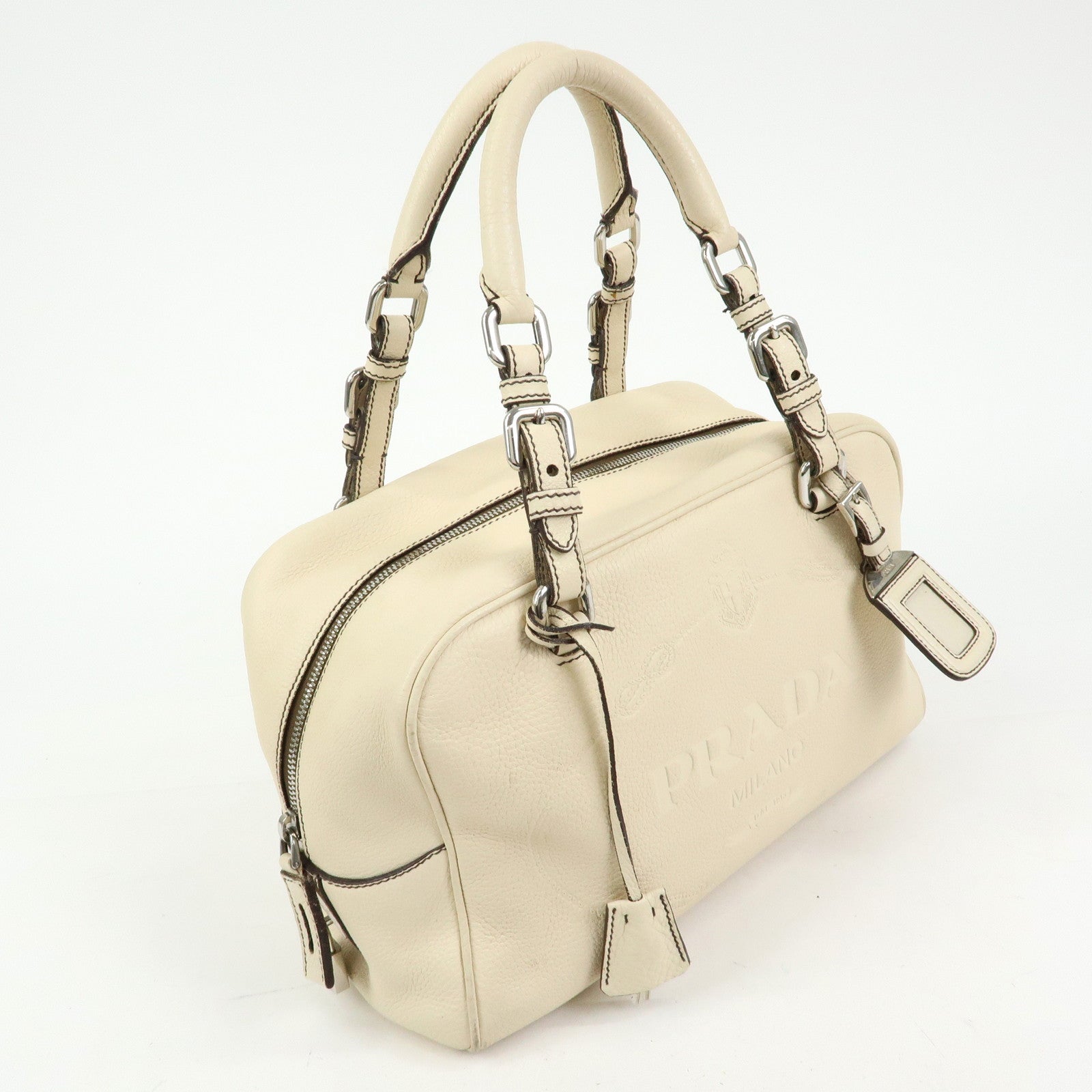 PRADA Vitello Daino Leather Boston Bag Shoulder Bag Ivory BR3091