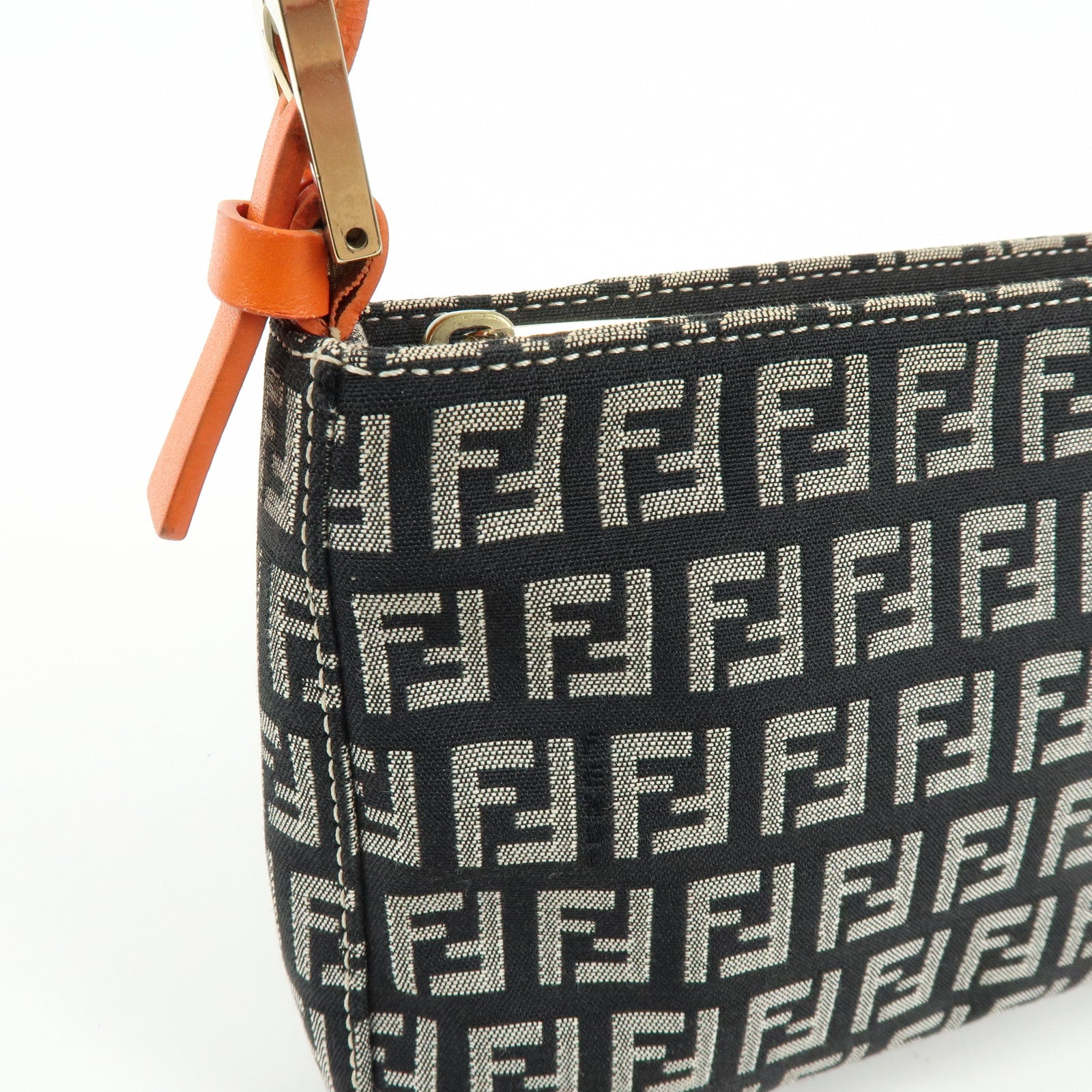 FENDI Zucchino Canvas Leather Shoulder Bag Black Orange 8BR042