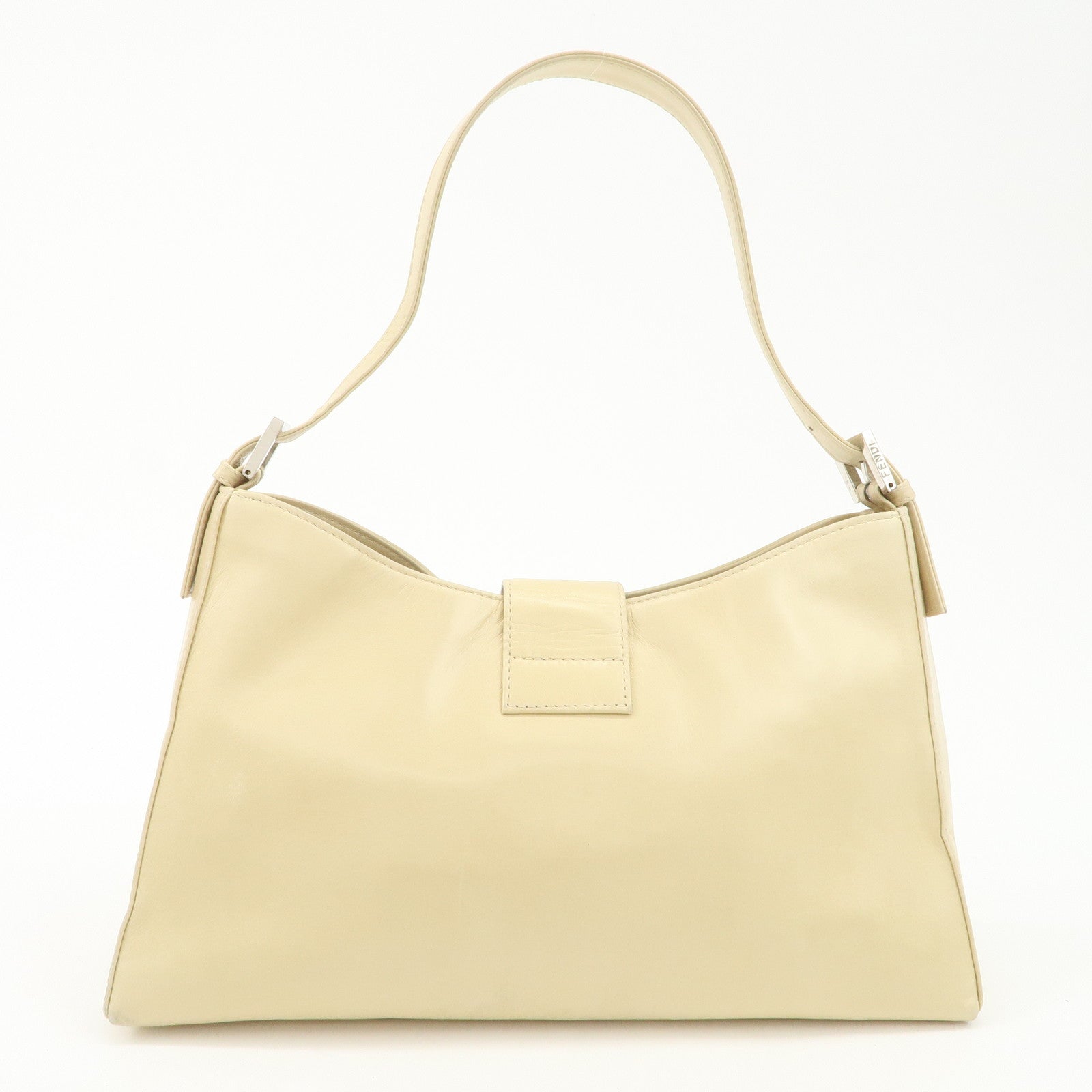 FENDI Logo Leather Shoulder Bag Hand Bag Beige Silver Hardware