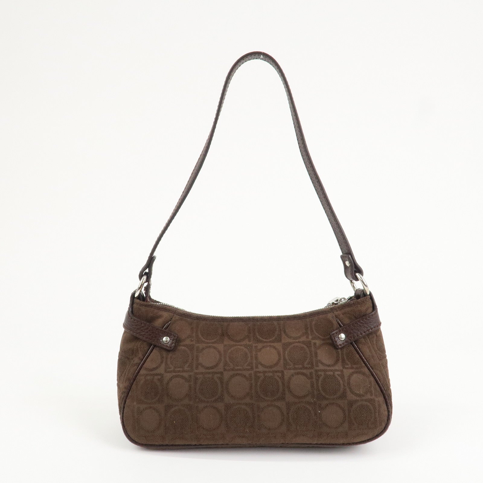 Ferragamo Gancini Leather Cotton Accessory Pouch Hand Bag Brown