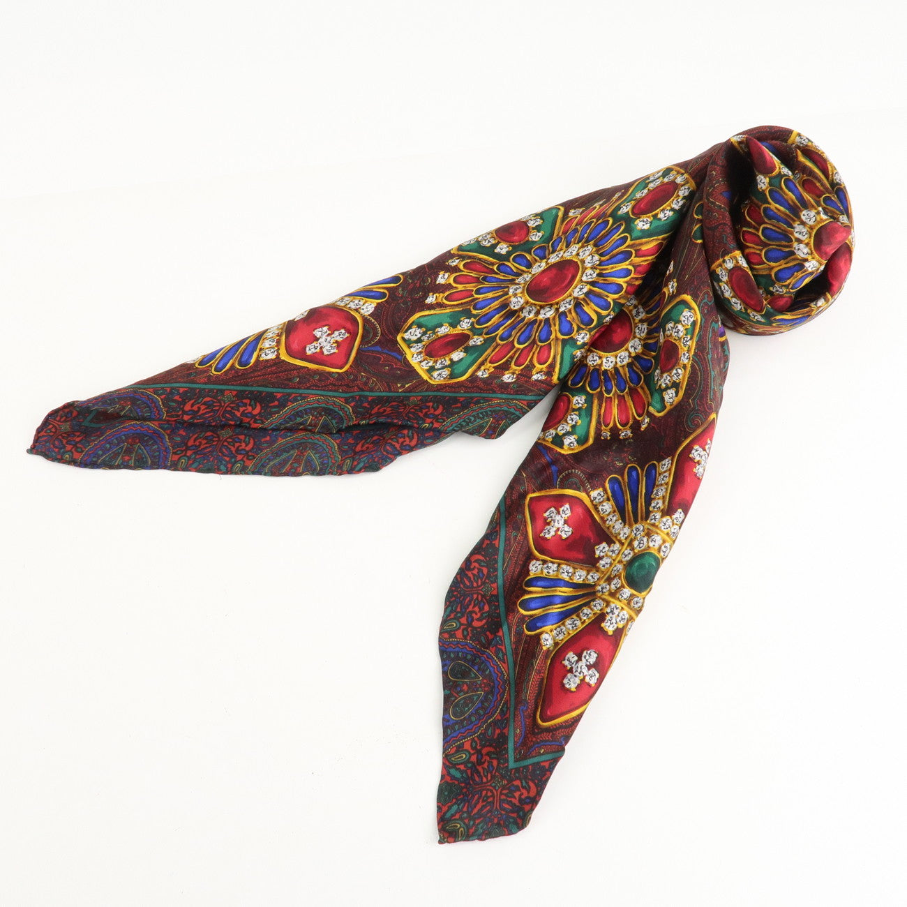 CHANEL Silk 100% Scarf Gripoix Print Red Multi Color Used